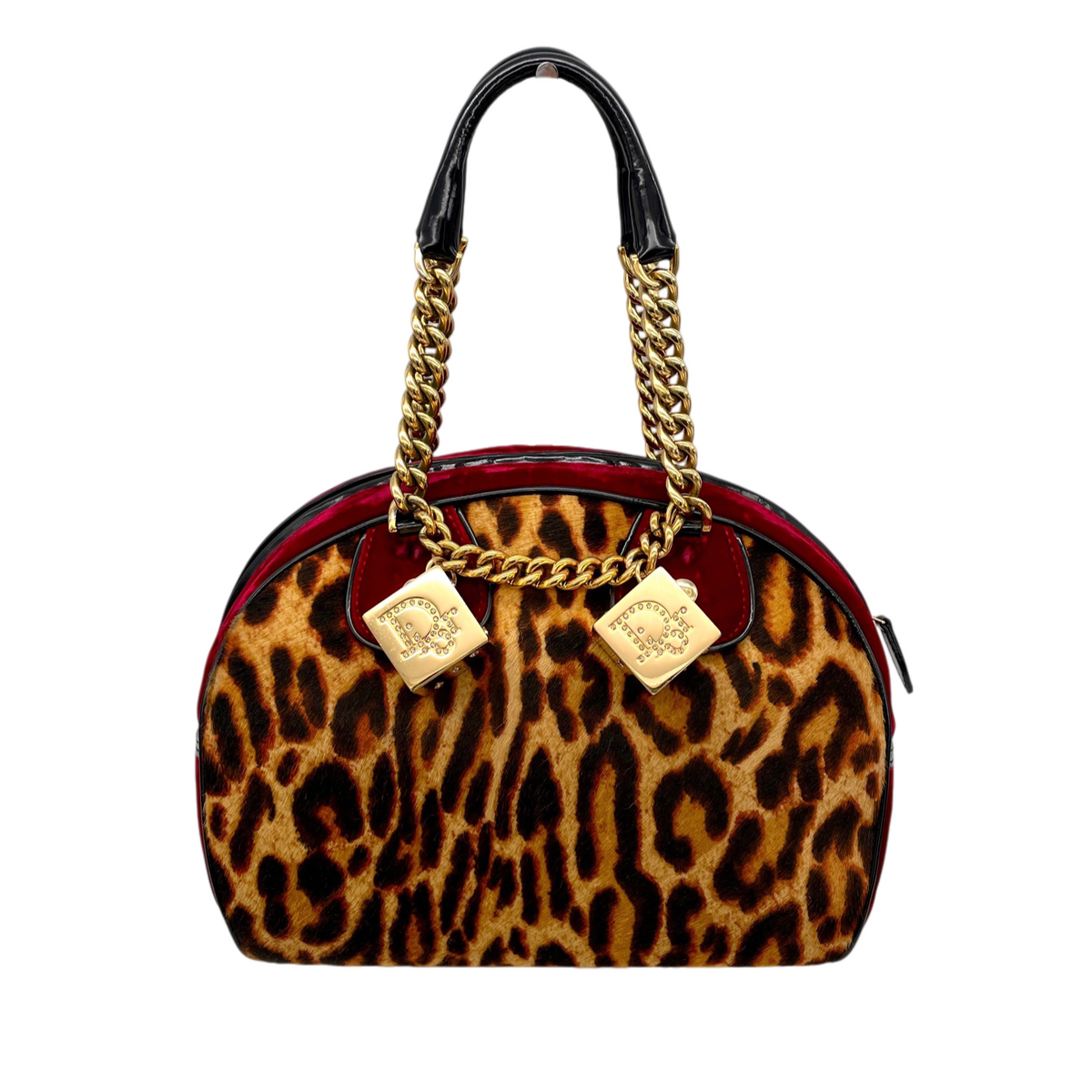 RARE★★★★★CHRISTIAN DIOR 2004 FW Leopard Print Pony Hair Velvet Dice Charm Gambler Bowling Top Handle Bag Medium Burgundy Brown Black