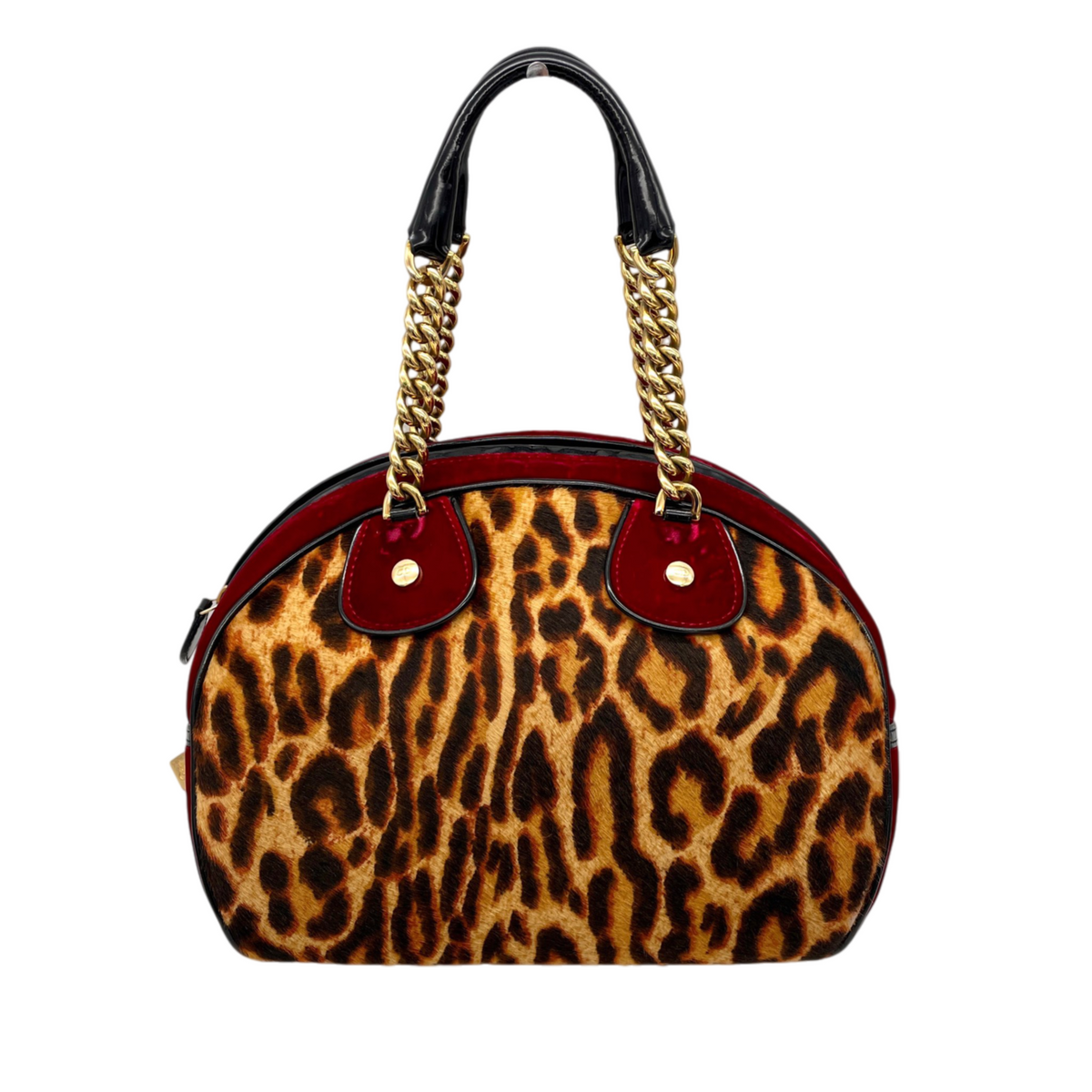 RARE★★★★★CHRISTIAN DIOR 2004 FW Leopard Print Pony Hair Velvet Dice Charm Gambler Bowling Top Handle Bag Medium Burgundy Brown Black