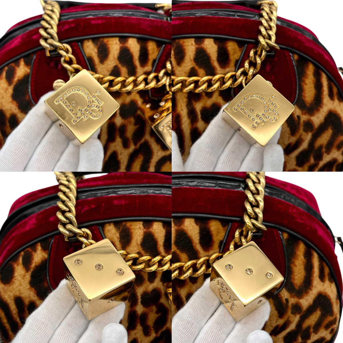 RARE★★★★★CHRISTIAN DIOR 2004 FW Leopard Print Pony Hair Velvet Dice Charm Gambler Bowling Top Handle Bag Medium Burgundy Brown Black