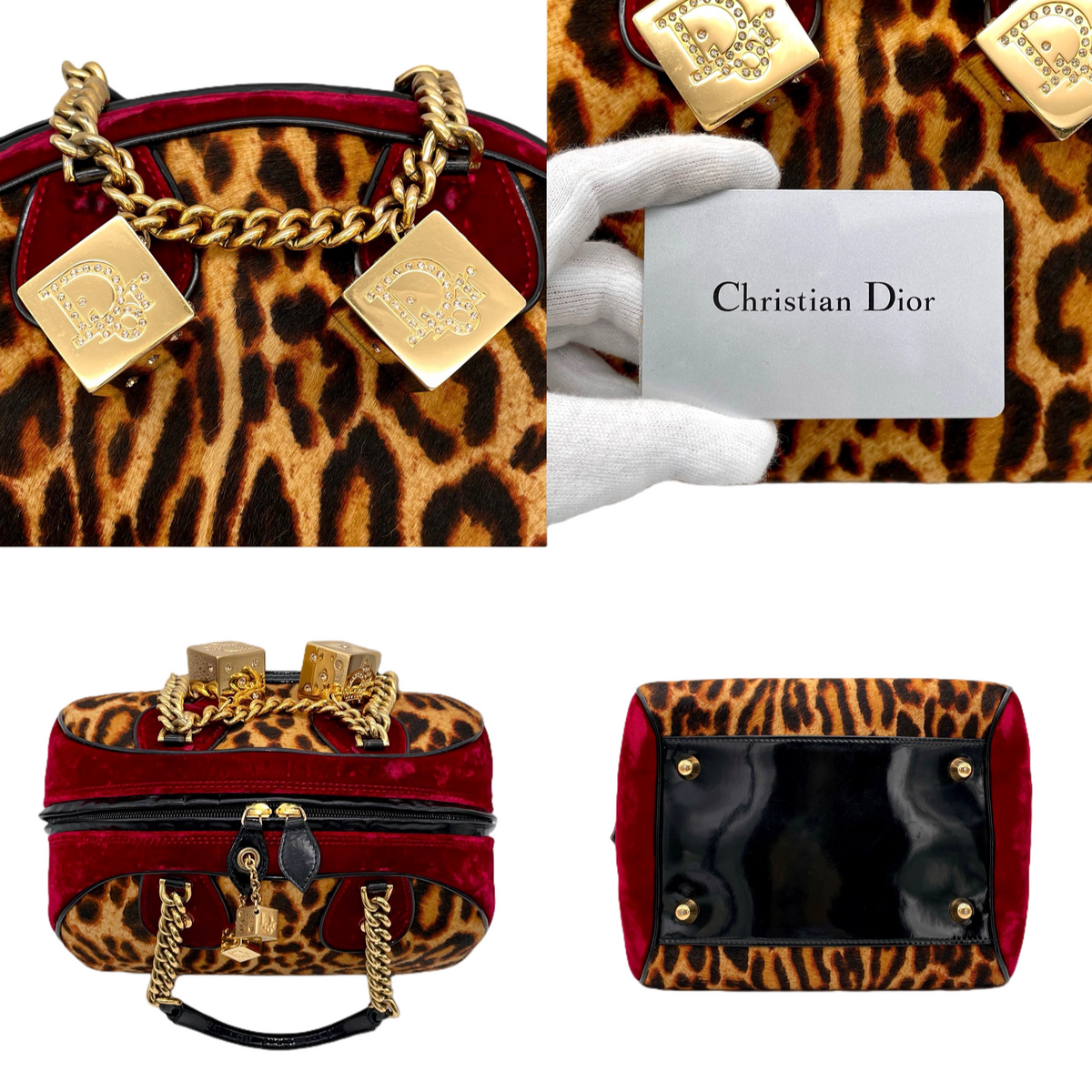 RARE★★★★★CHRISTIAN DIOR 2004 FW Leopard Print Pony Hair Velvet Dice Charm Gambler Bowling Top Handle Bag Medium Burgundy Brown Black