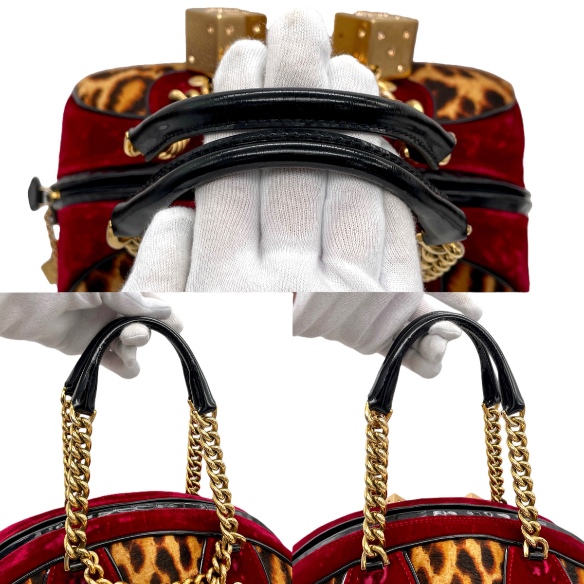 RARE★★★★★CHRISTIAN DIOR 2004 FW Leopard Print Pony Hair Velvet Dice Charm Gambler Bowling Top Handle Bag Medium Burgundy Brown Black