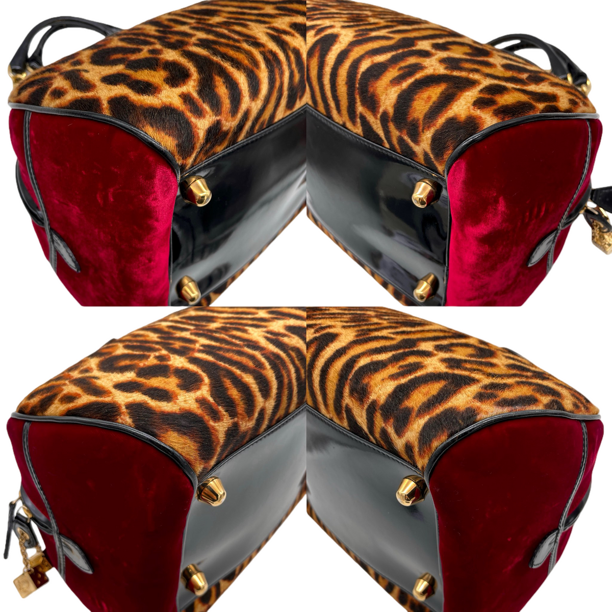 RARE★★★★★CHRISTIAN DIOR 2004 FW Leopard Print Pony Hair Velvet Dice Charm Gambler Bowling Top Handle Bag Medium Burgundy Brown Black