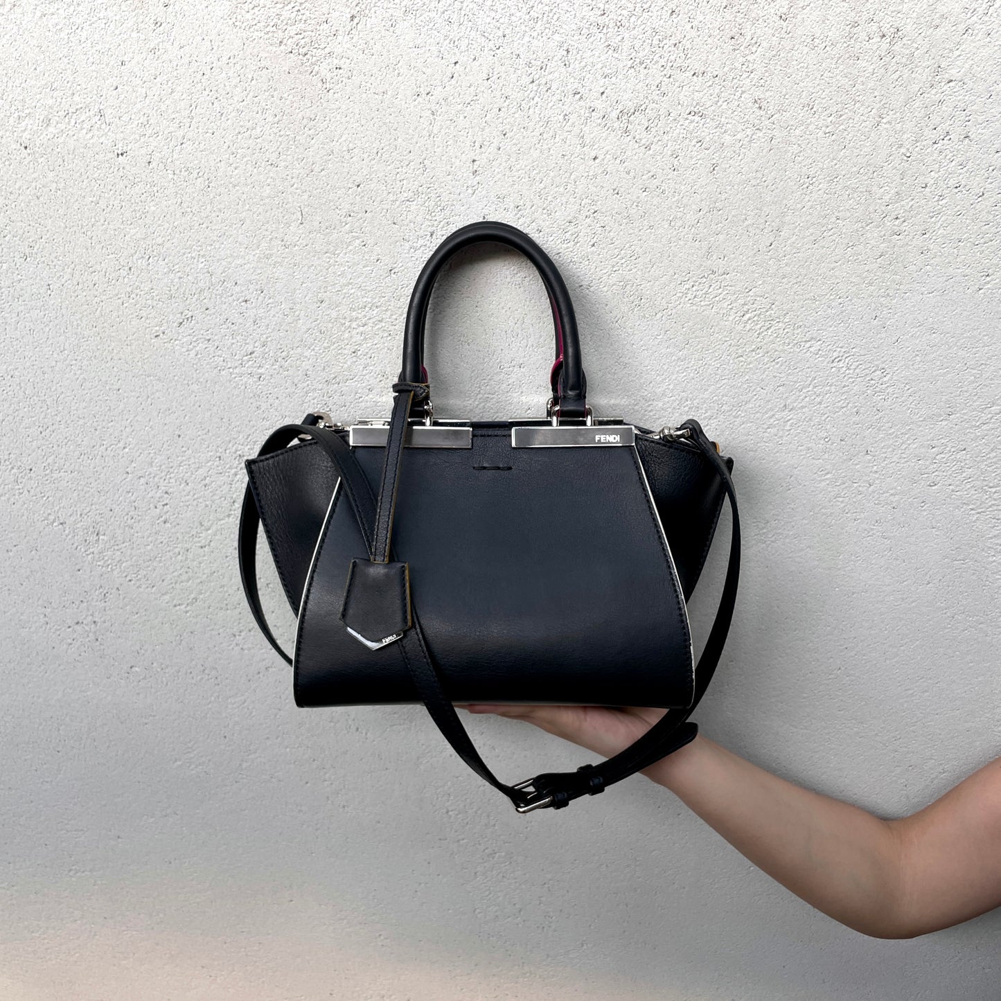 FENDI Petit 3 Jours Leather 2Way Tote Hand Bag Black &amp; Silver