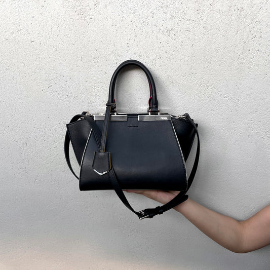 FENDI Petit 3 Jours Leather 2Way Tote Hand Bag Black &amp; Silver
