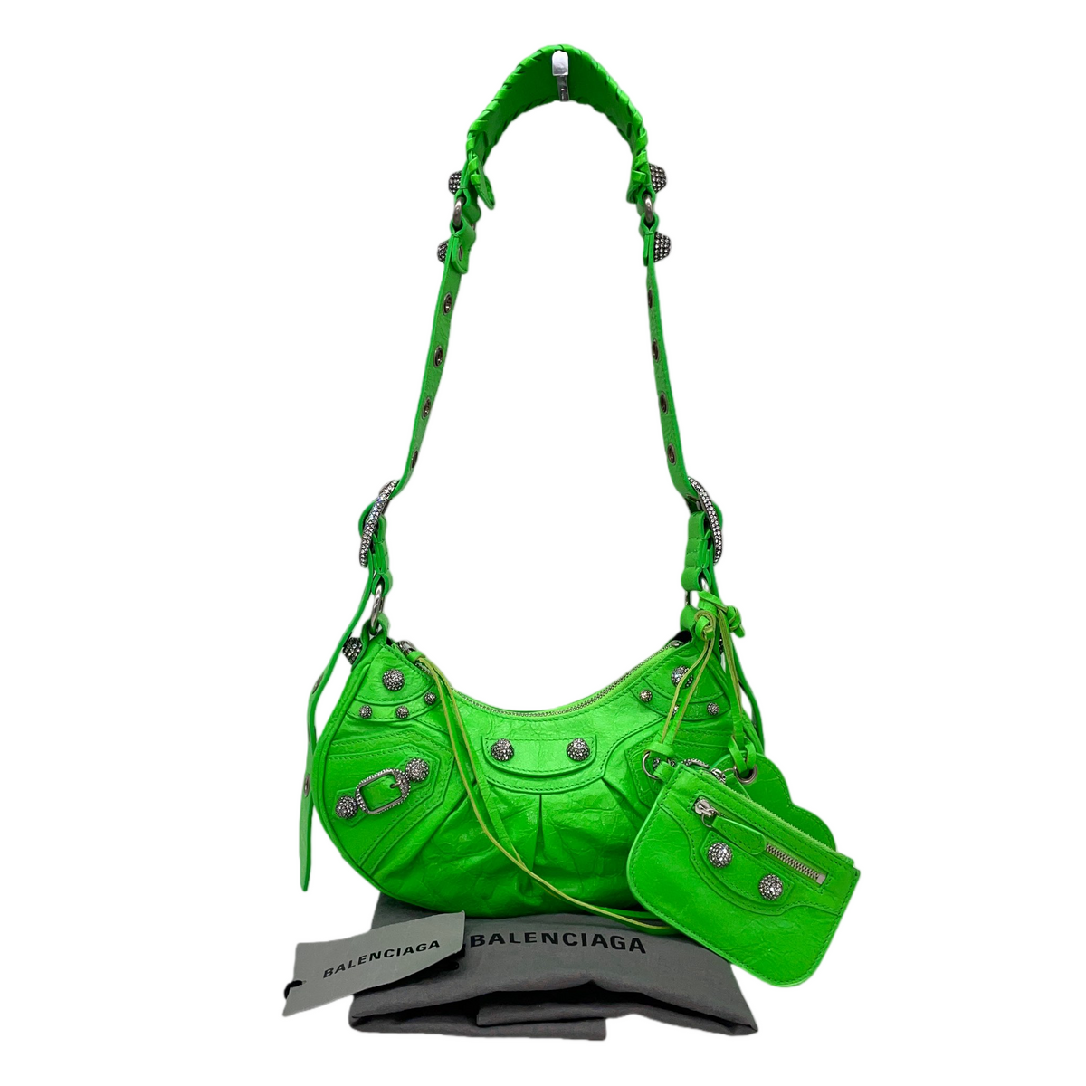 RARE★★★★Balenciaga Le Cagole Arena Lambskin Shoulder Bag XS Emerald Green Aged-Silver