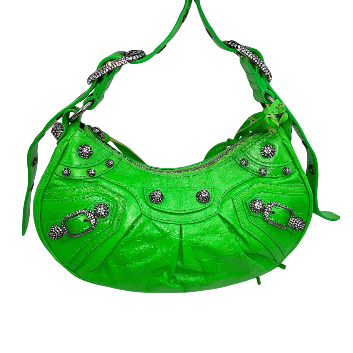 RARE★★★★Balenciaga Le Cagole Arena Lambskin Shoulder Bag XS Emerald Green Aged-Silver