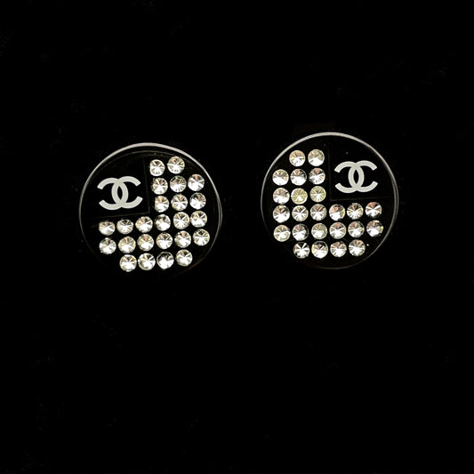 CHANEL Rhinestone Coco Mark Round Earrings 05P Acrylic Black Silver