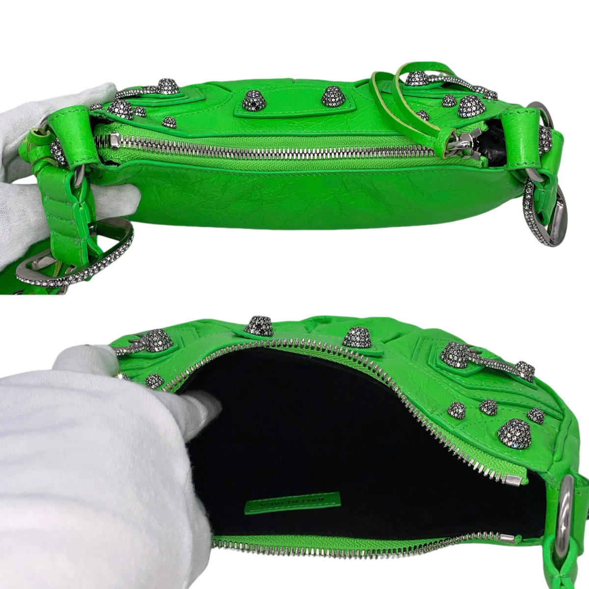 RARE★★★★Balenciaga Le Cagole Arena Lambskin Shoulder Bag XS Emerald Green Aged-Silver