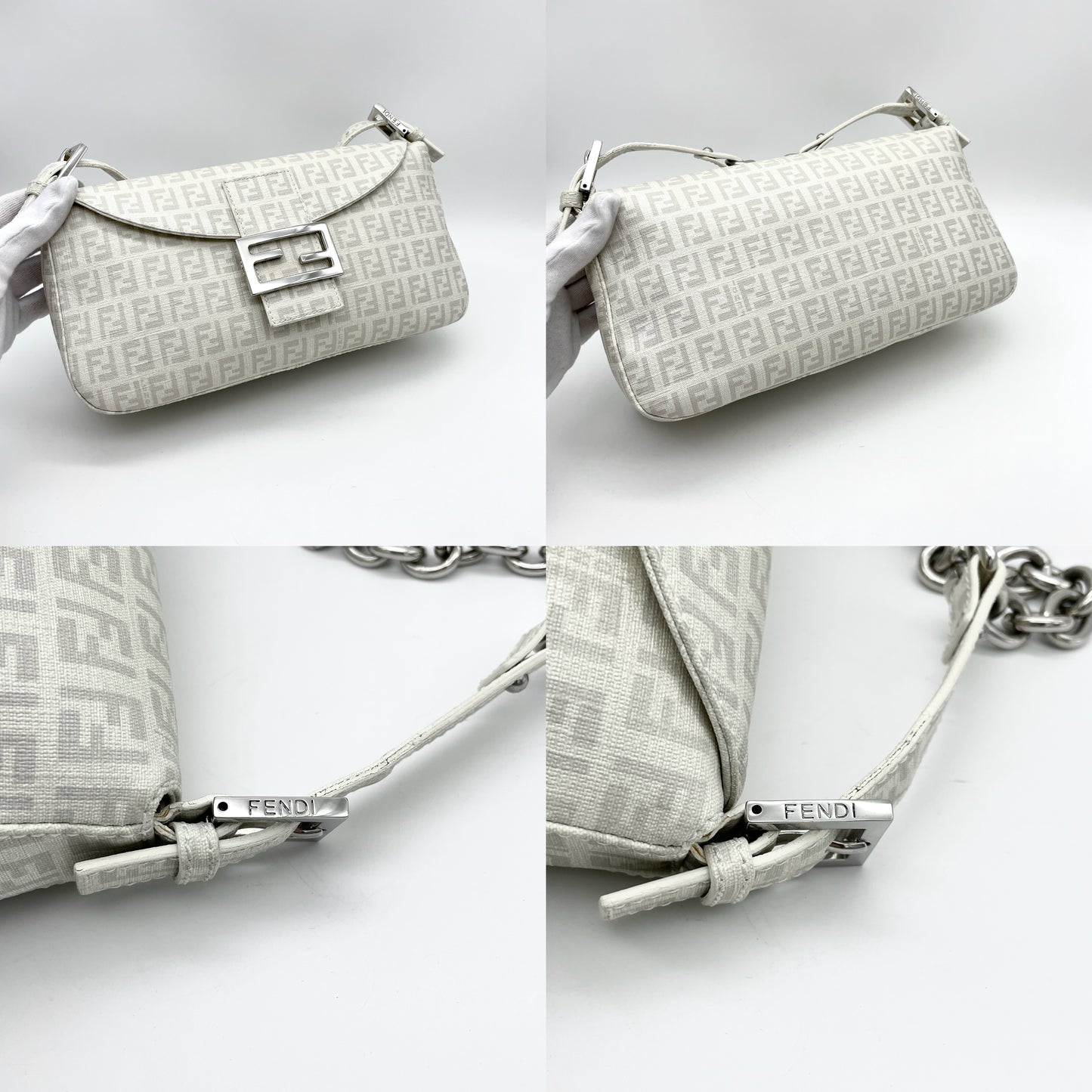 RARE☆☆☆FENDI Zucchino Chain Shoulder Mamma Bucket White x Gray SHW