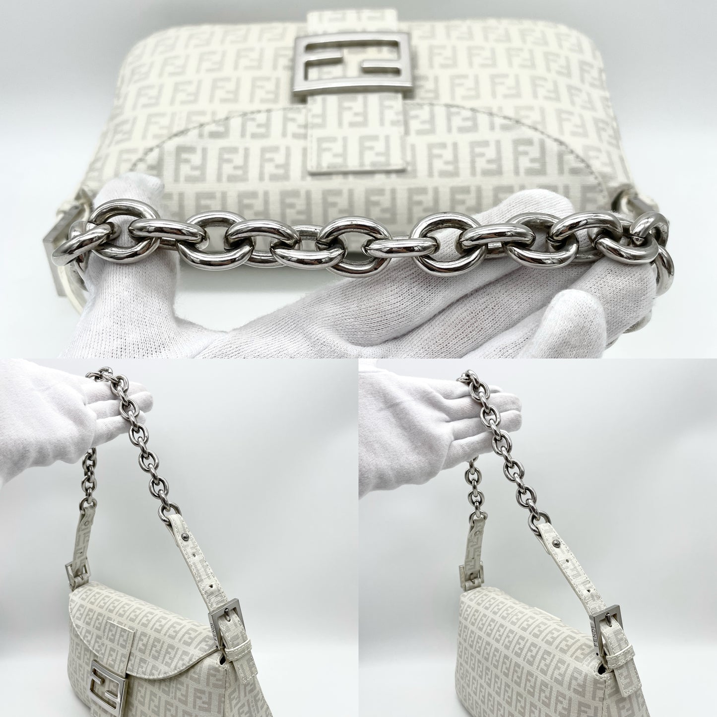 RARE☆☆☆FENDI ｽﾞｯｷｰﾉ ﾁｪｰﾝｼｮﾙﾀﾞｰ ﾏﾝﾏﾊﾞｹｯﾄ ﾎﾜｲﾄ×ｸﾞﾚｰ SHW