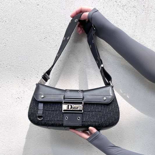RARE☆☆☆CHRISTIAN DIOR 2003 Street Chic Trotter Canvas & Leather HOBO Shoulder Bag MM Columbus Bag Black & Silver