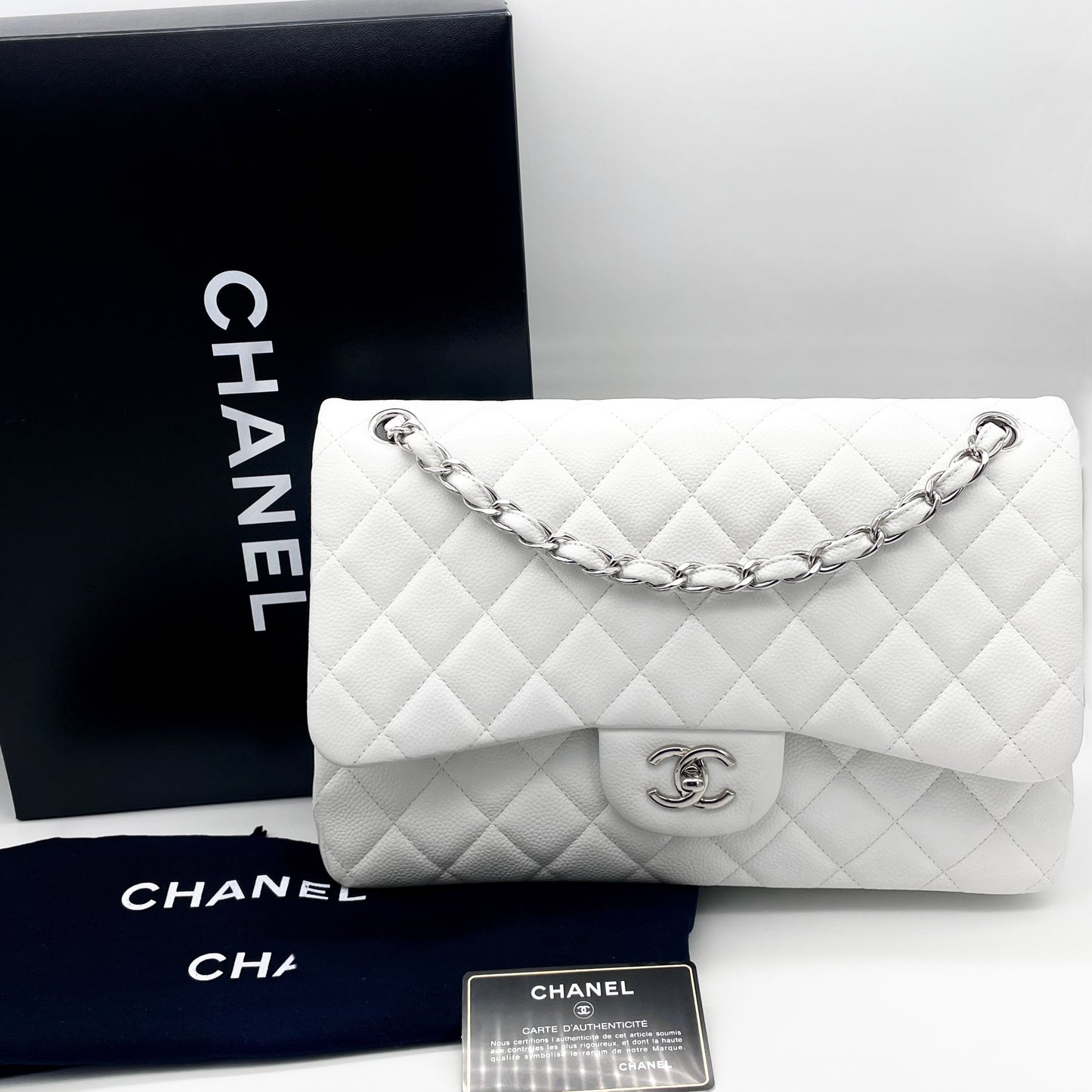 RARE☆☆☆CHANEL Caviar Skin Matelasse Coco Mark Turn Rock Classic Flap GM White SHW