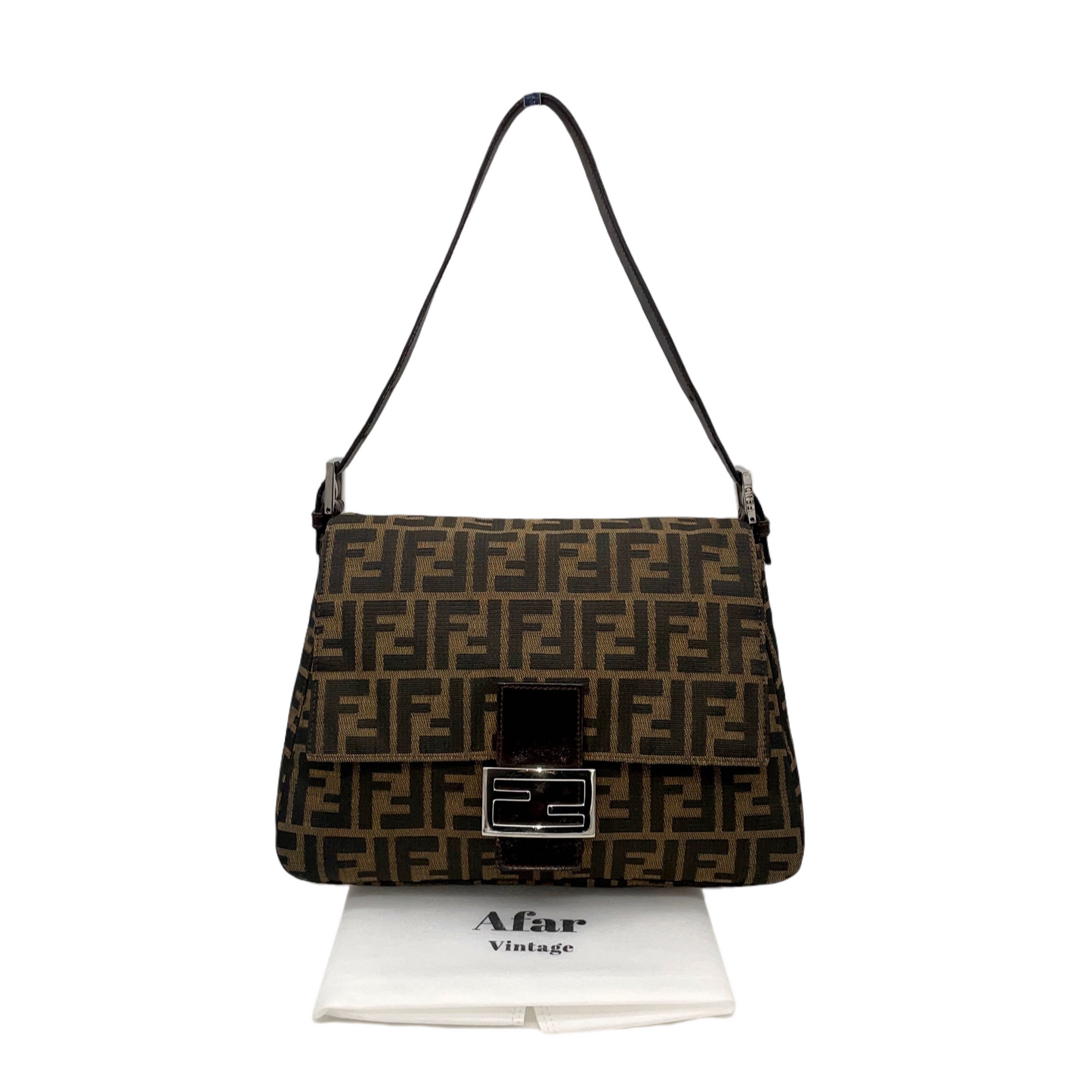 FENDI Zucca Canvas Mamma Baguette GM Shoulder Bag Brown &amp; Silver