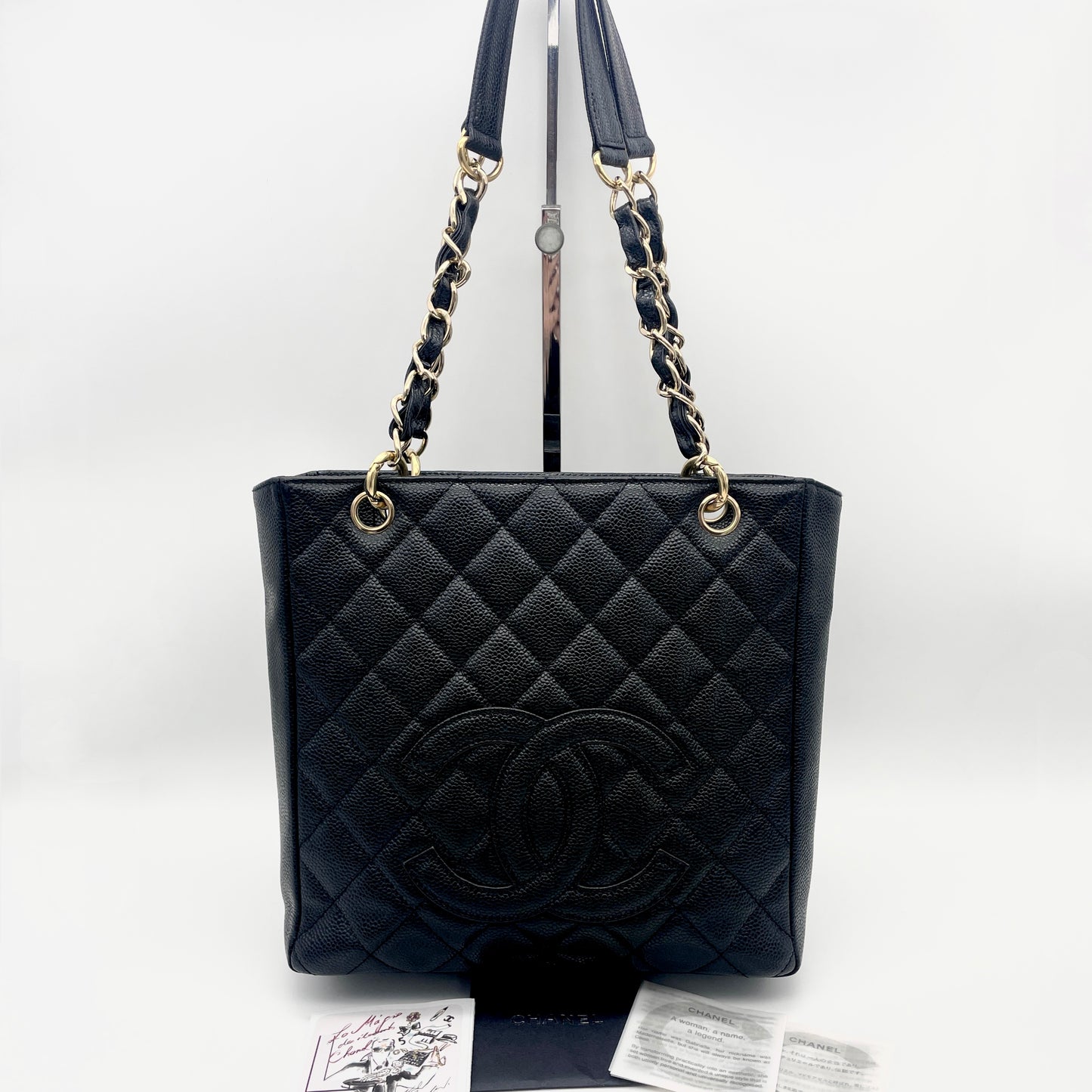 CHANEL Caviar Skin Matelasse PST Coco Mark Chain Shoulder Tote Bag Black GHW