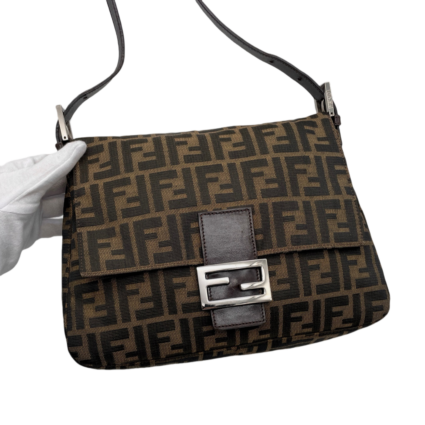 FENDI Zucca Canvas Mamma Baguette GM Shoulder Bag Brown &amp; Silver