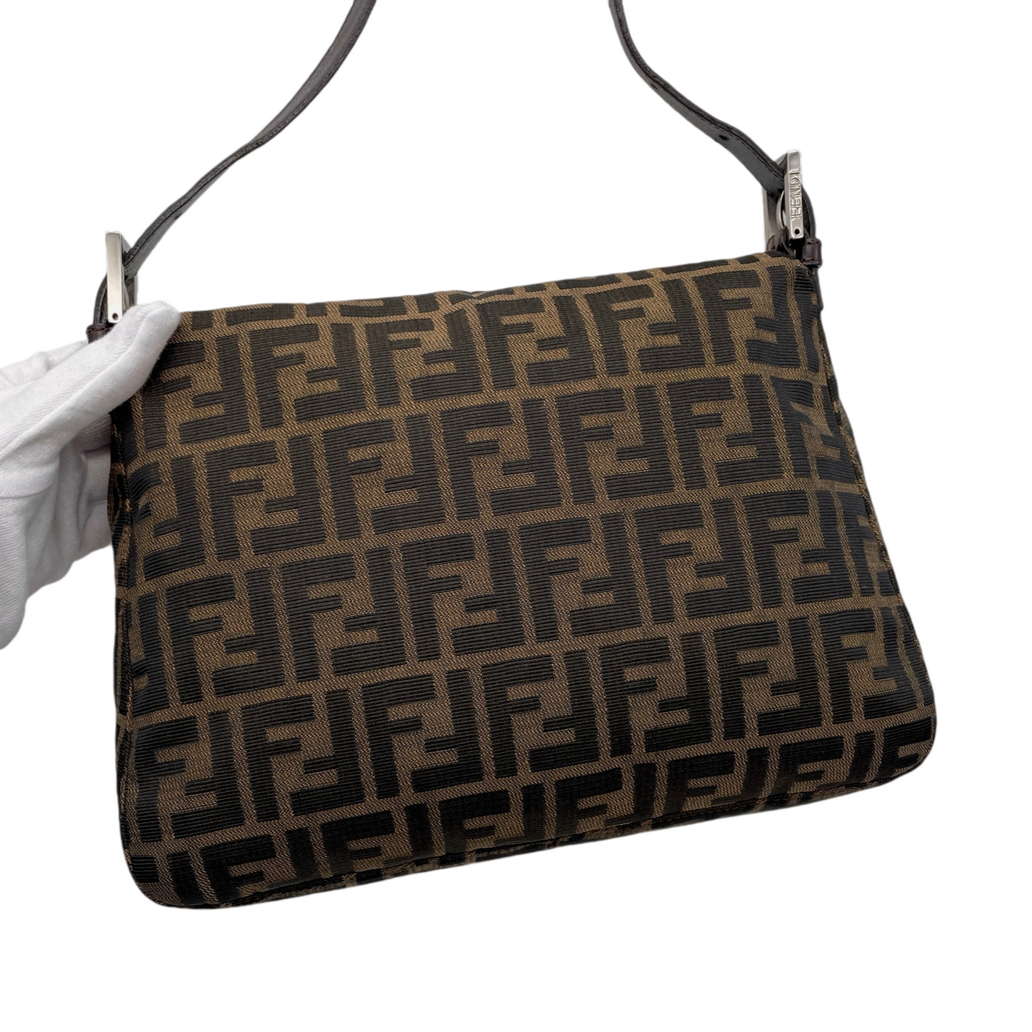 FENDI Zucca Canvas Mamma Baguette GM Shoulder Bag Brown &amp; Silver