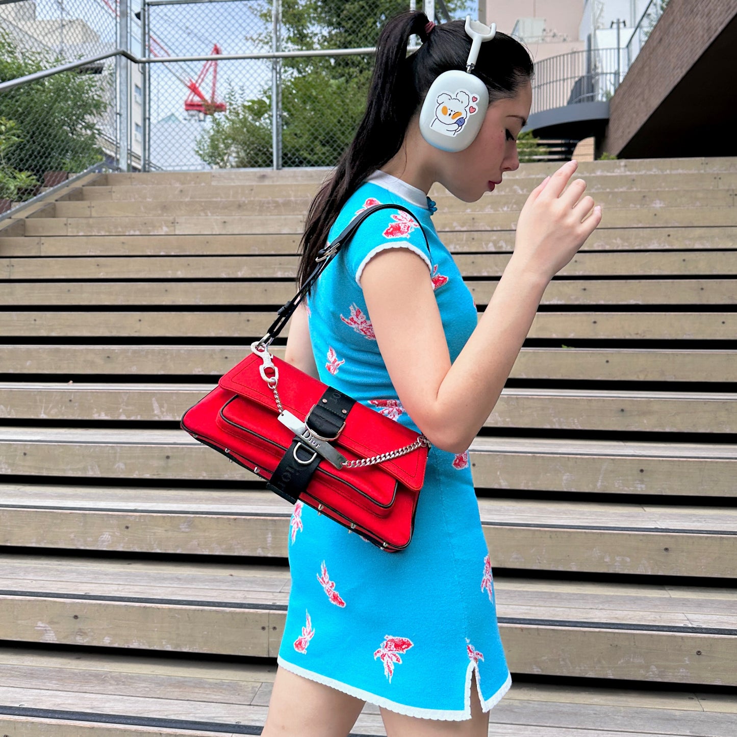 RARE☆☆☆☆CHRISTIAN DIOR Hardcore Rhinestone Chain Handle 2-Way Shoulder Bag Red &amp; Black