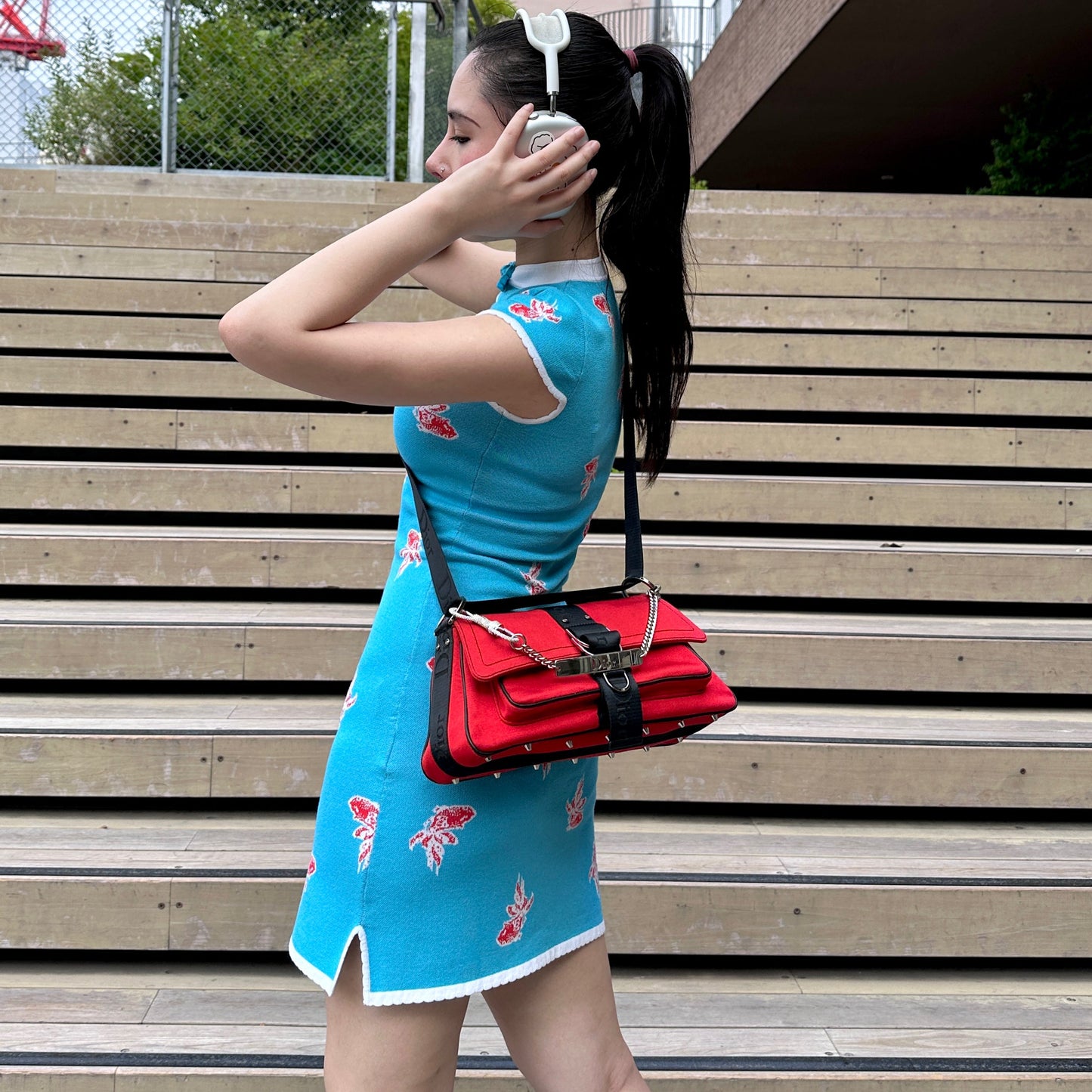 RARE☆☆☆☆CHRISTIAN DIOR Hardcore Rhinestone Chain Handle 2-Way Shoulder Bag Red &amp; Black