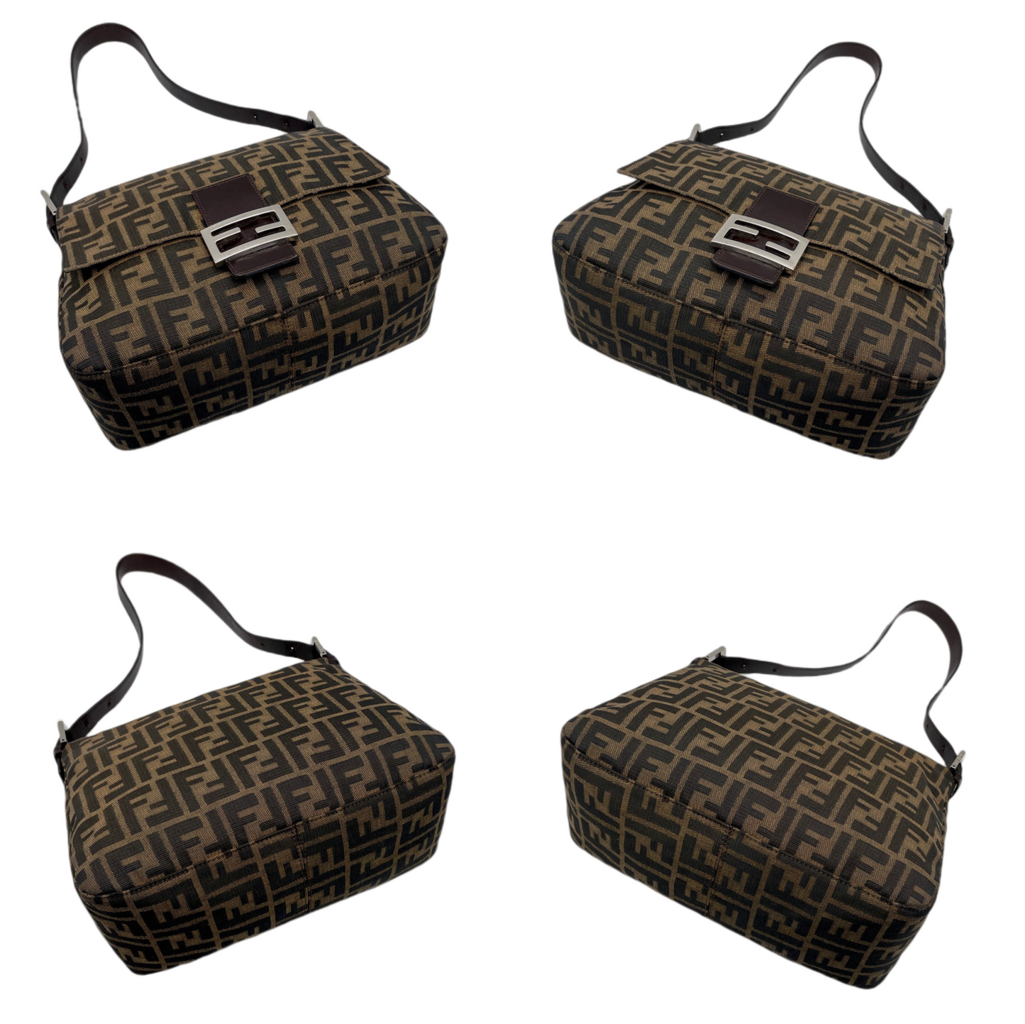 FENDI Zucca Canvas Mamma Baguette GM Shoulder Bag Brown &amp; Silver