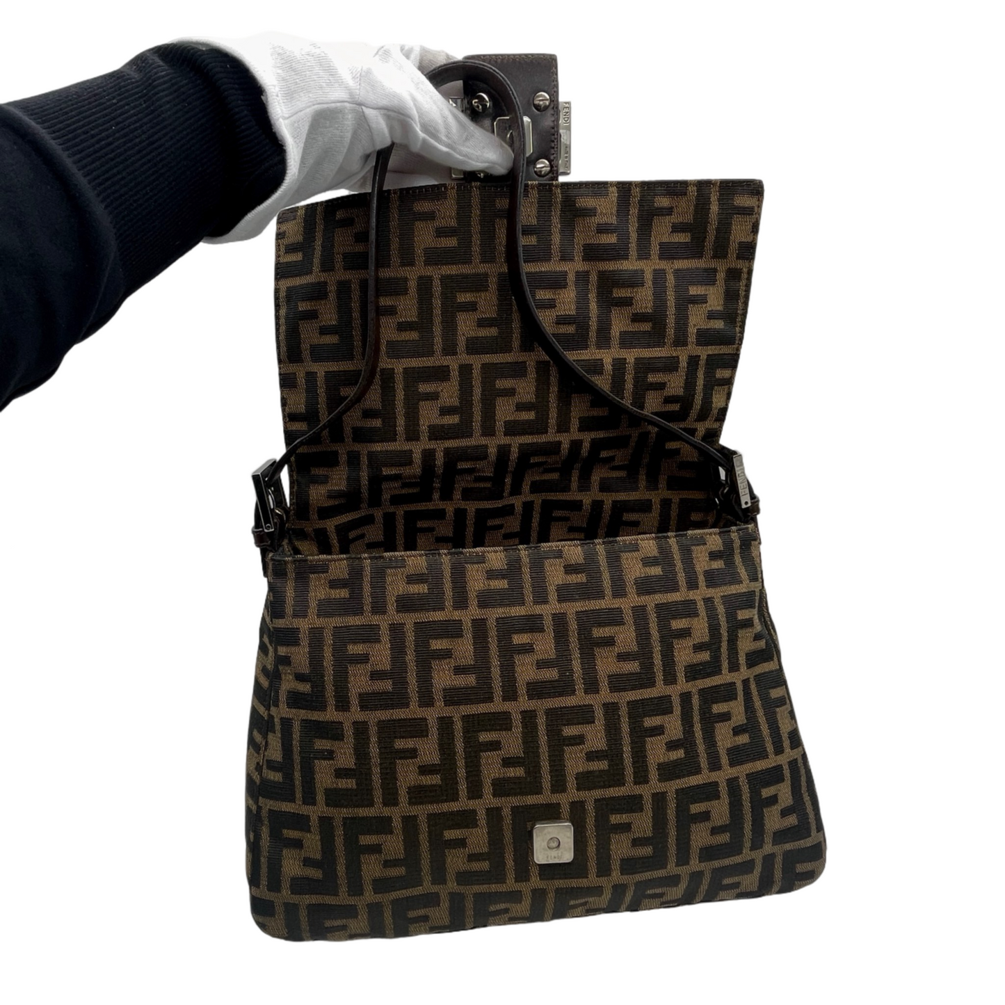 FENDI Zucca Canvas Mamma Baguette GM Shoulder Bag Brown &amp; Silver