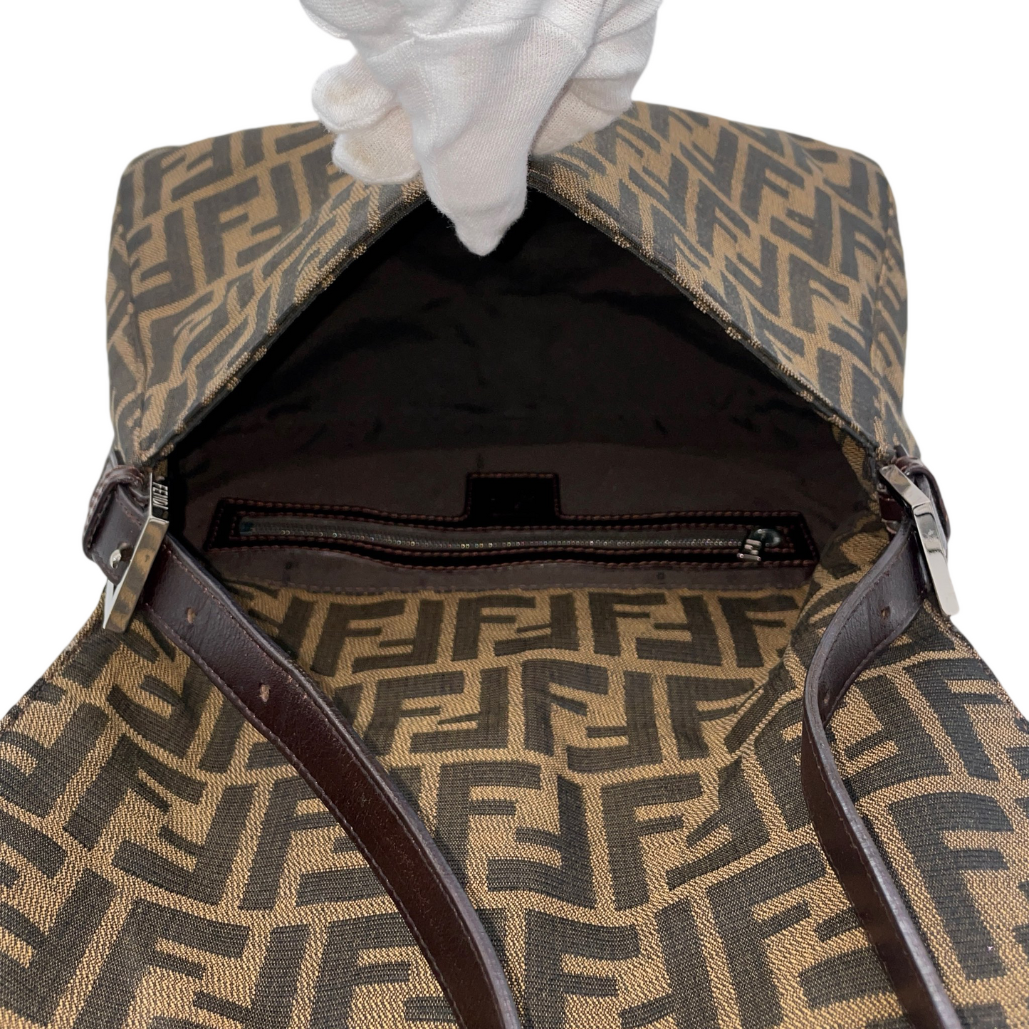 FENDI Zucca Canvas Mamma Baguette GM Shoulder Bag Brown &amp; Silver