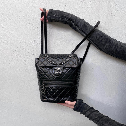 RARE☆☆☆CHANEL 2015 Matelassé CC LOGO Pendant Métiers d’Art Paris-Salzburg Chain Strap Backpack PM Black & Silver