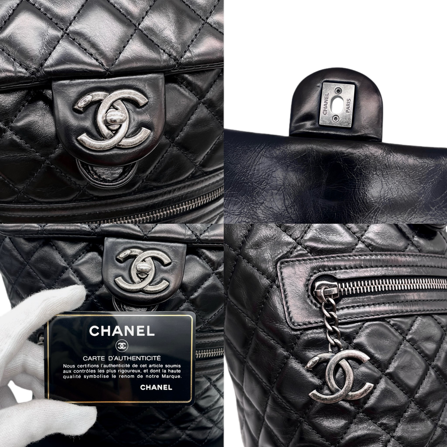 RARE☆☆☆CHANEL 2015 Matelassé CC LOGO Pendant Métiers d’Art Paris-Salzburg Chain Strap Backpack PM Black & Silver