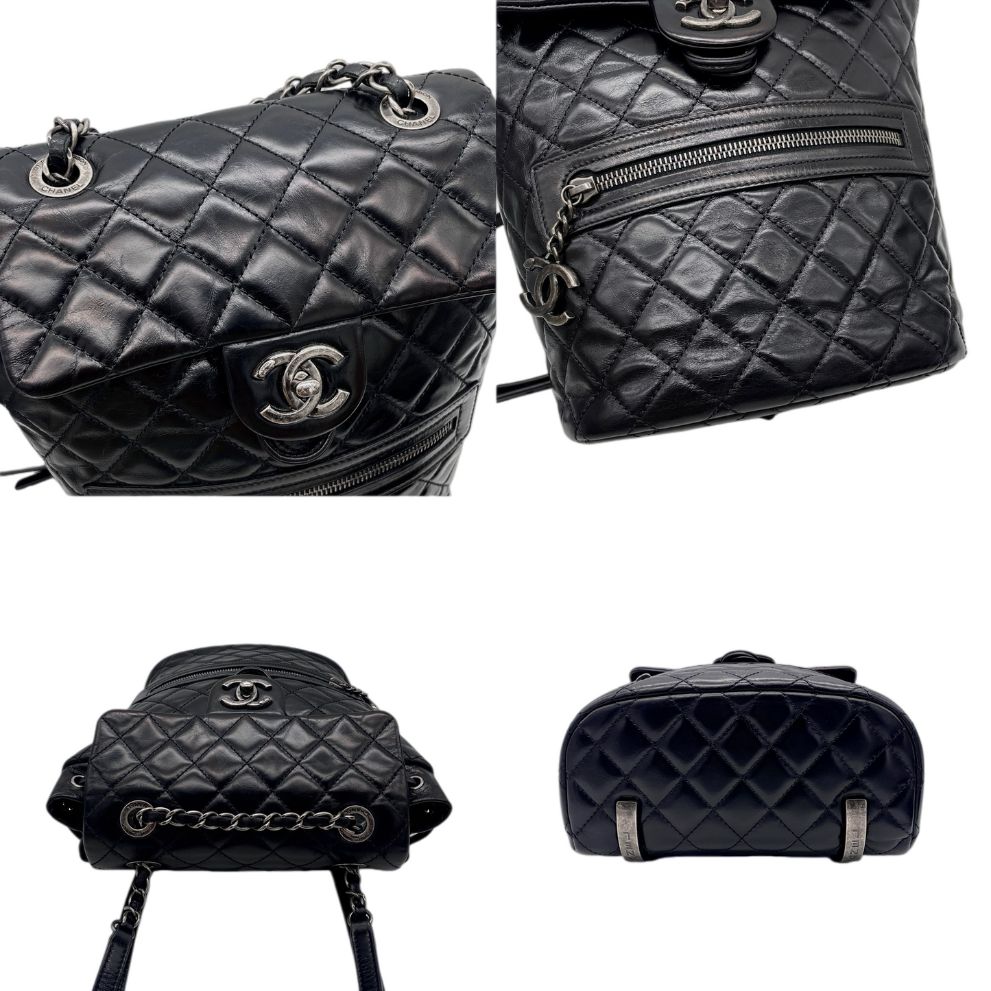 RARE☆☆☆CHANEL 2015 Matelassé CC LOGO Pendant Métiers d’Art Paris-Salzburg Chain Strap Backpack PM Black & Silver