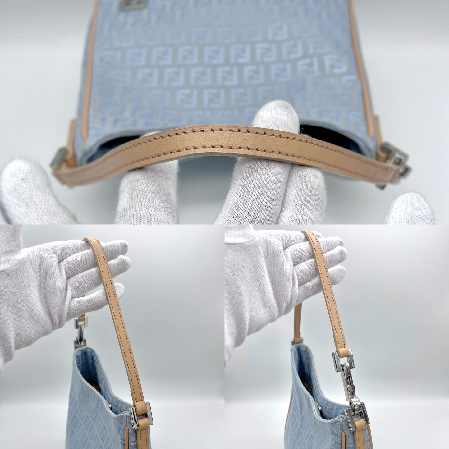 FENDI Zucchino HOBO Bag One Shoulder Bag Baby Blue SHW