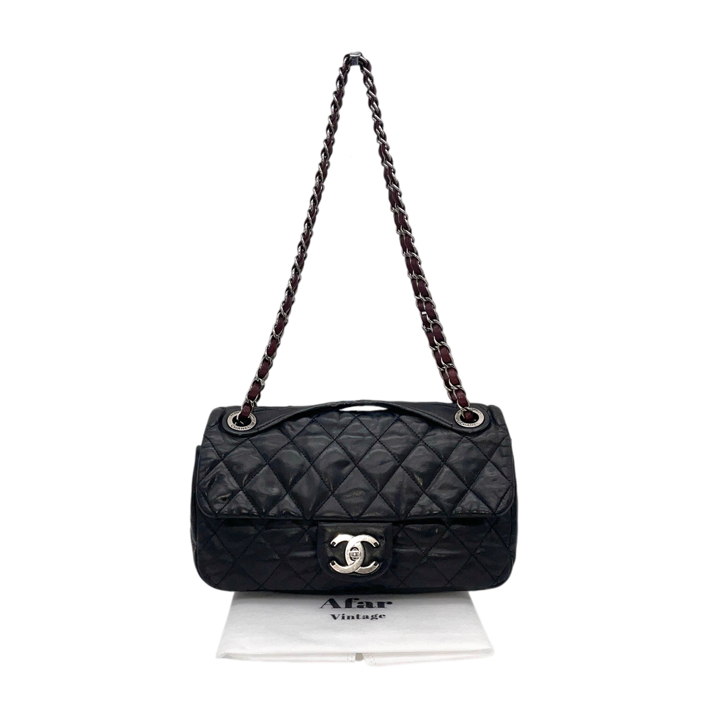 RARE☆☆☆CHANEL 2010 Matelassé Iridescent Calfskin Double Chains Single Flap Shoulder Bag Black & Silver