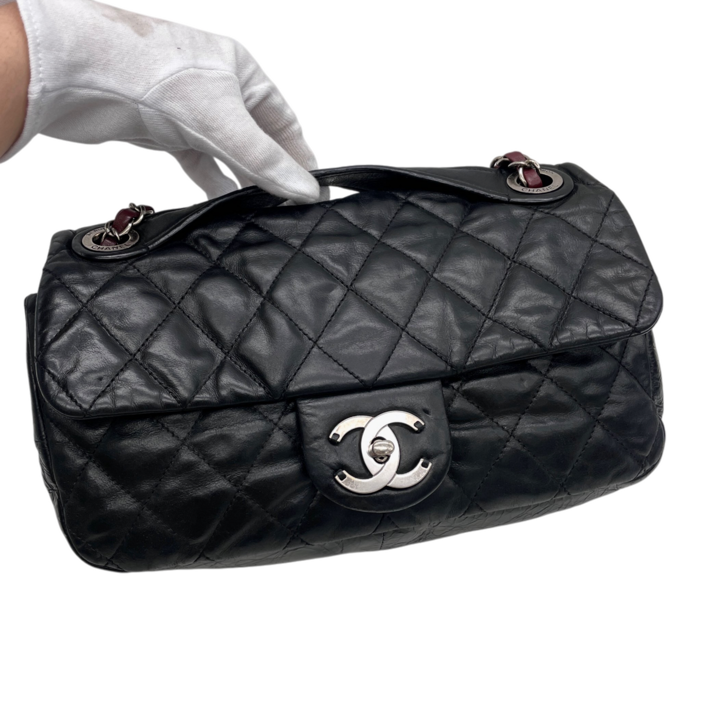 RARE☆☆☆CHANEL 2010 Matelassé Iridescent Calfskin Double Chains Single Flap Shoulder Bag Black & Silver