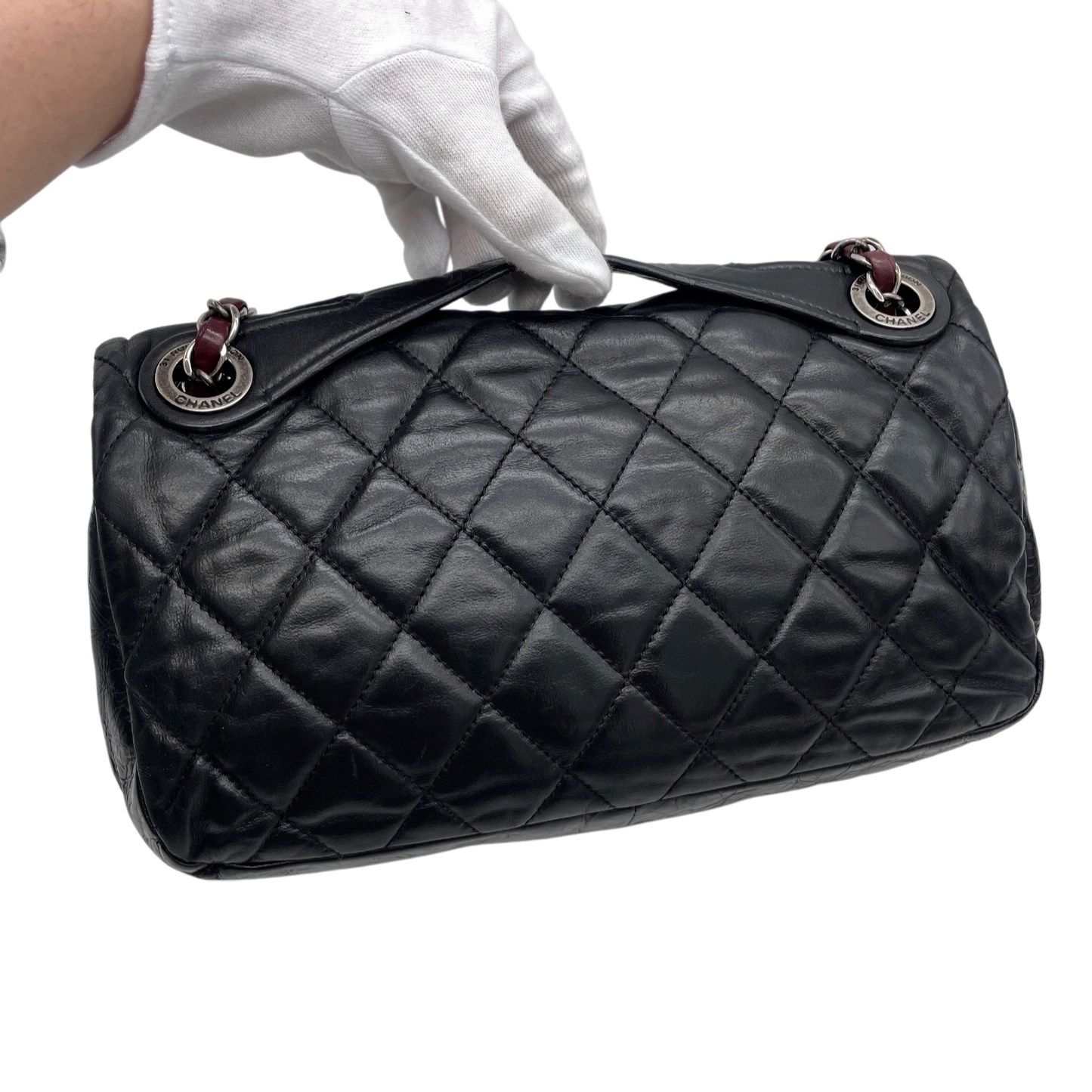 RARE☆☆☆CHANEL 2010 Matelassé Iridescent Calfskin Double Chains Single Flap Shoulder Bag Black & Silver