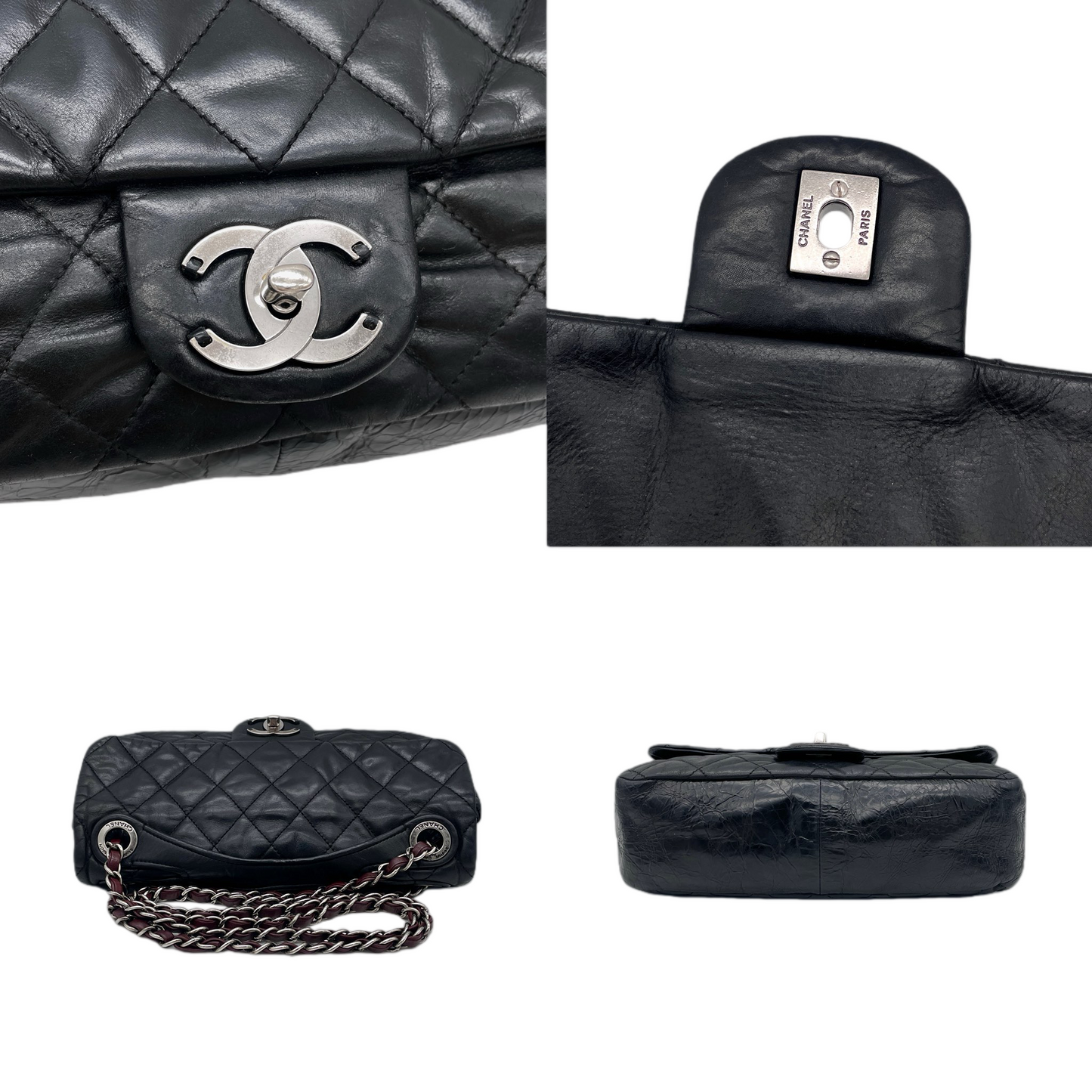 RARE☆☆☆CHANEL 2010 Matelassé Iridescent Calfskin Double Chains Single Flap Shoulder Bag Black & Silver