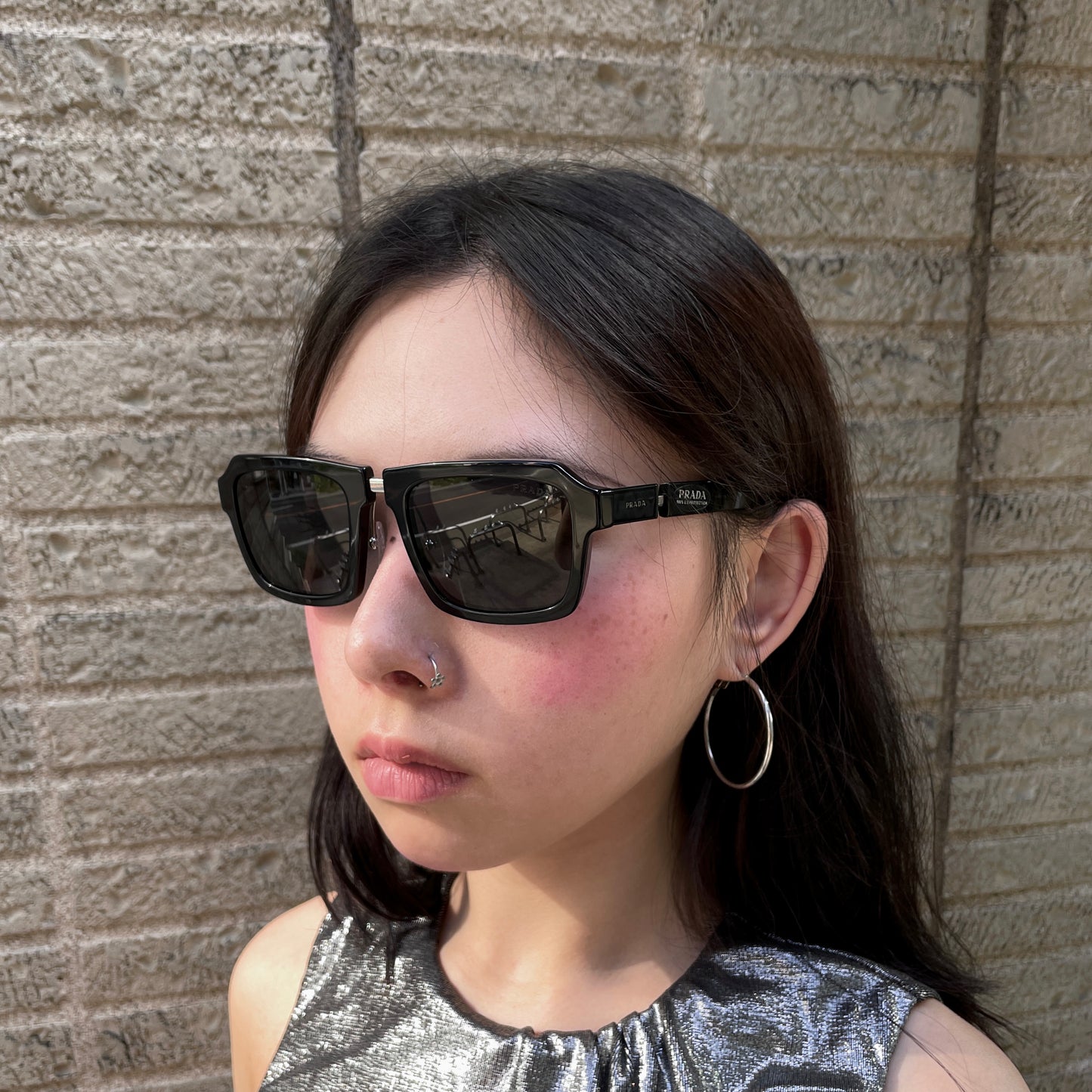 RARE☆☆☆PRADA SPR A09X Punk Style Rectangle Sunglasses Black &amp; Silver