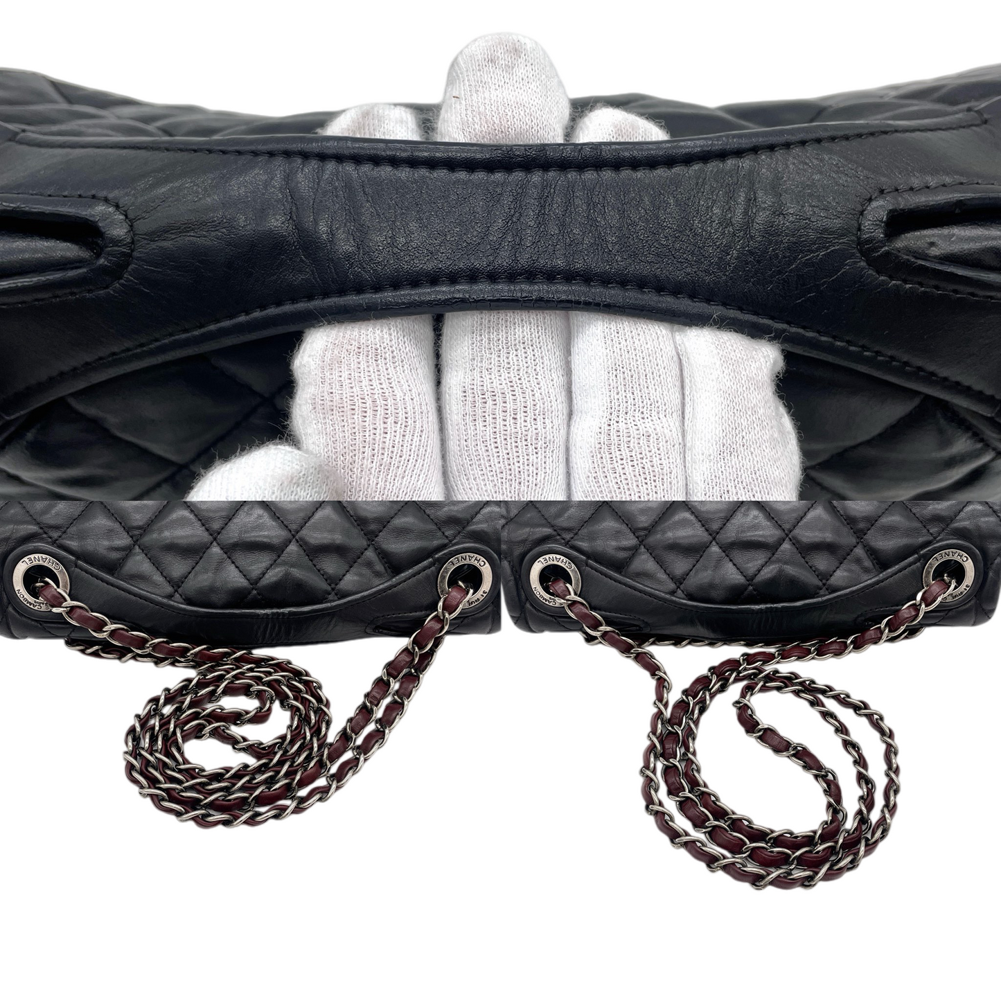 RARE☆☆☆CHANEL 2010 Matelassé Iridescent Calfskin Double Chains Single Flap Shoulder Bag Black & Silver