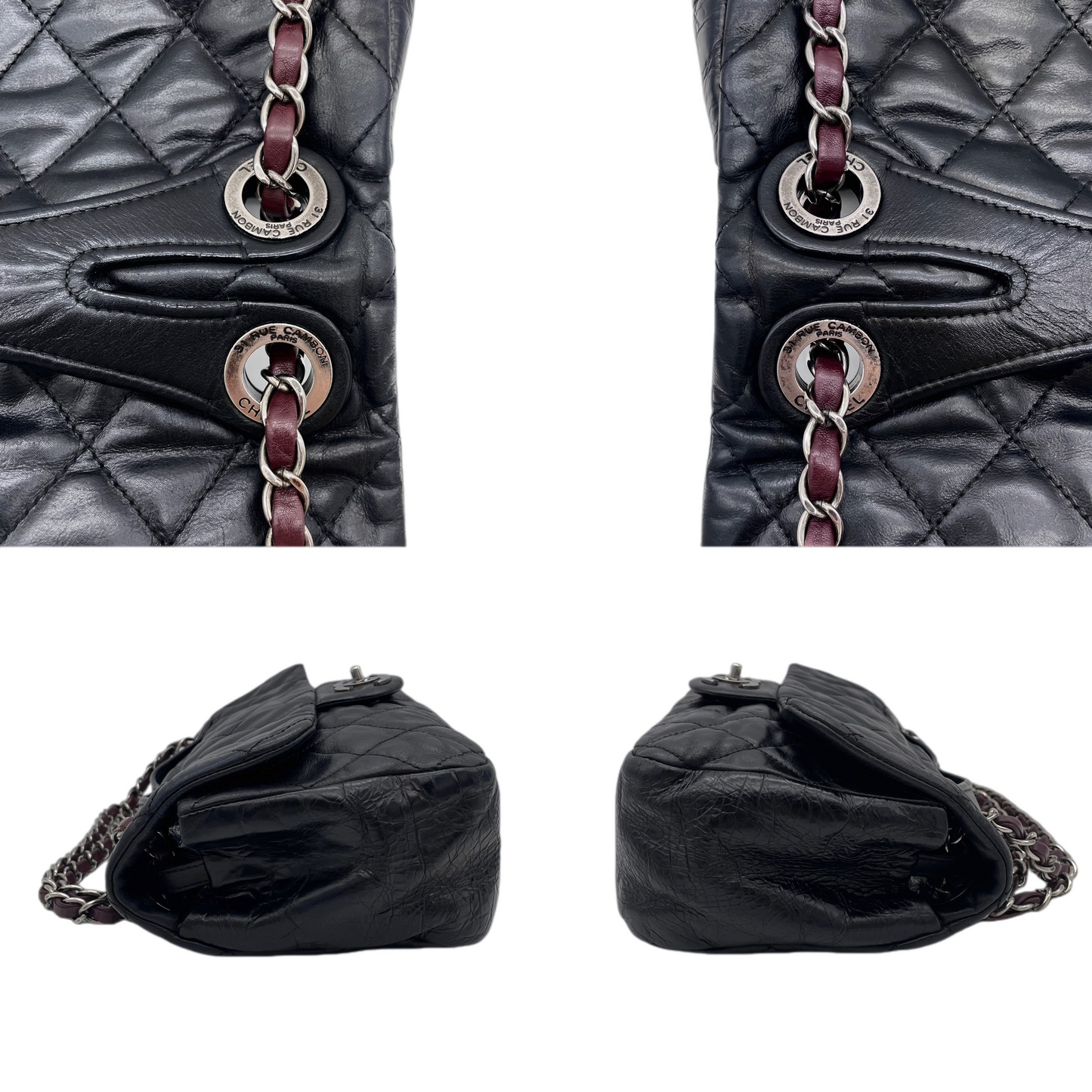 RARE☆☆☆CHANEL 2010 Matelassé Iridescent Calfskin Double Chains Single Flap Shoulder Bag Black & Silver