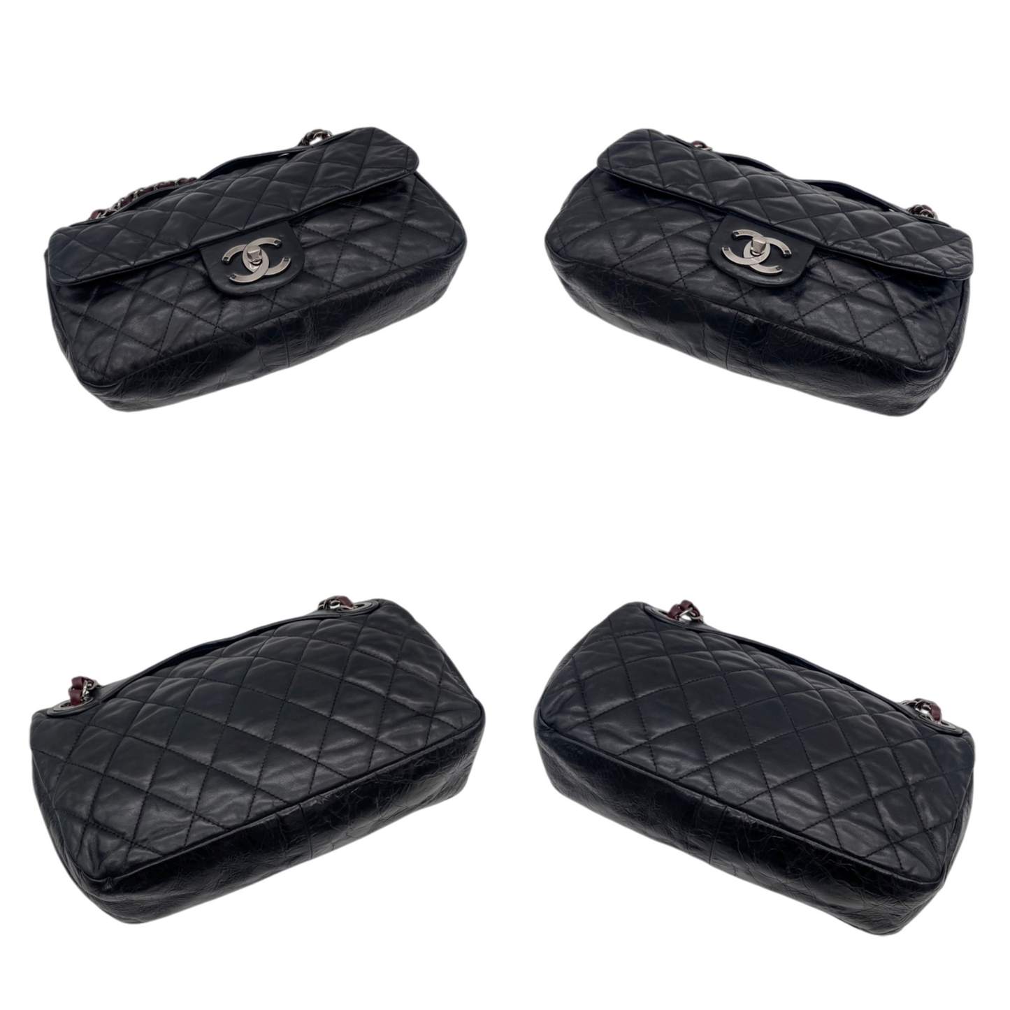 RARE☆☆☆CHANEL 2010 Matelassé Iridescent Calfskin Double Chains Single Flap Shoulder Bag Black & Silver