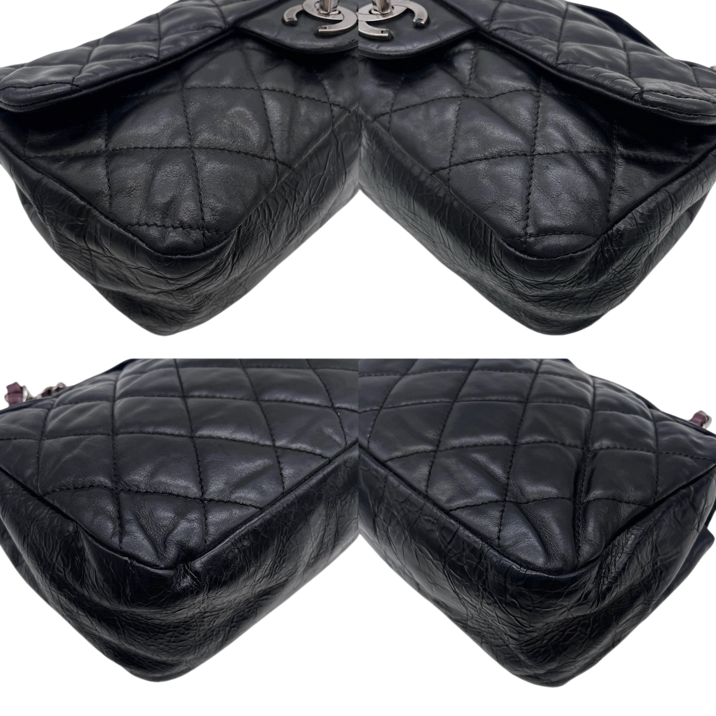 RARE☆☆☆CHANEL 2010 Matelassé Iridescent Calfskin Double Chains Single Flap Shoulder Bag Black & Silver