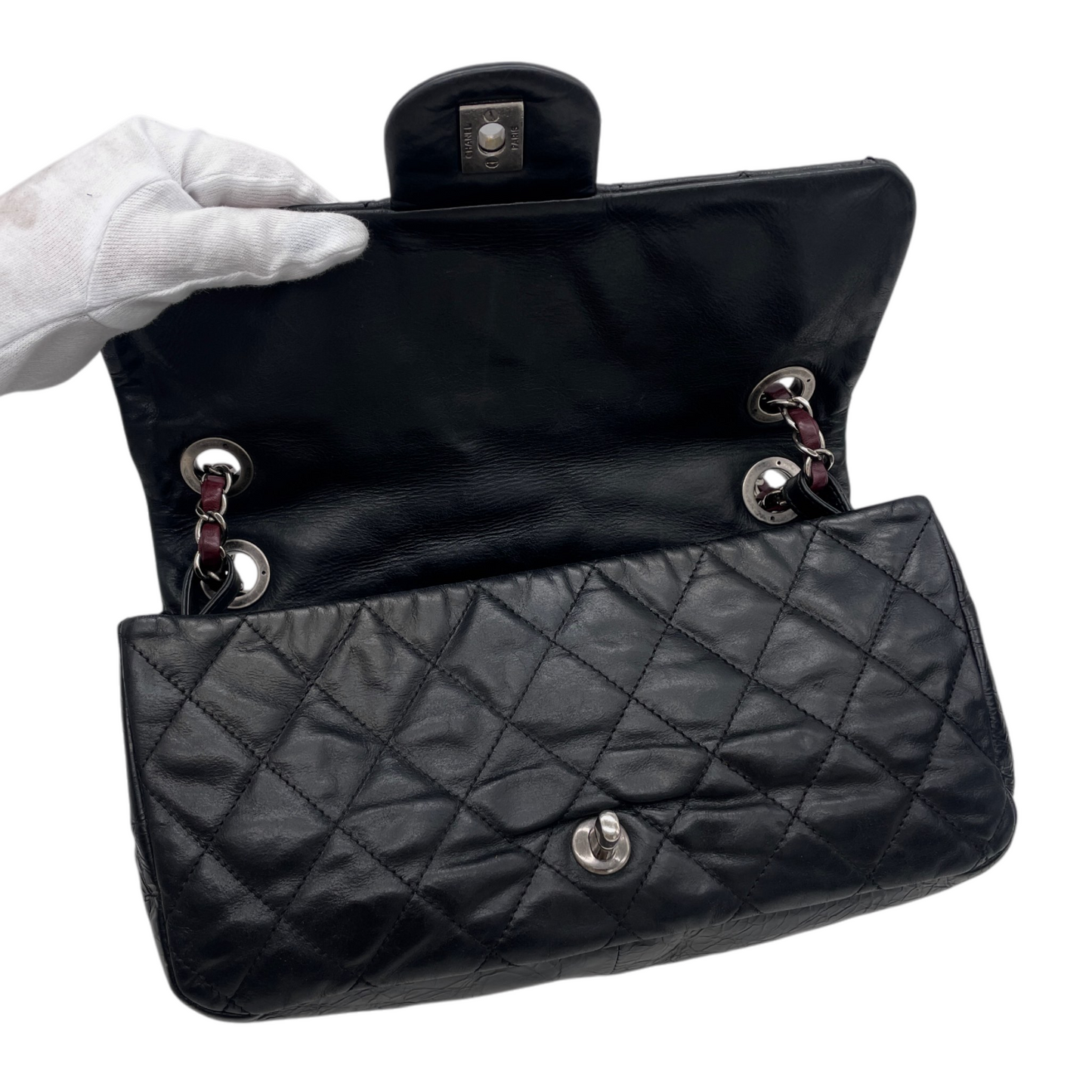 RARE☆☆☆CHANEL 2010 Matelassé Iridescent Calfskin Double Chains Single Flap Shoulder Bag Black & Silver