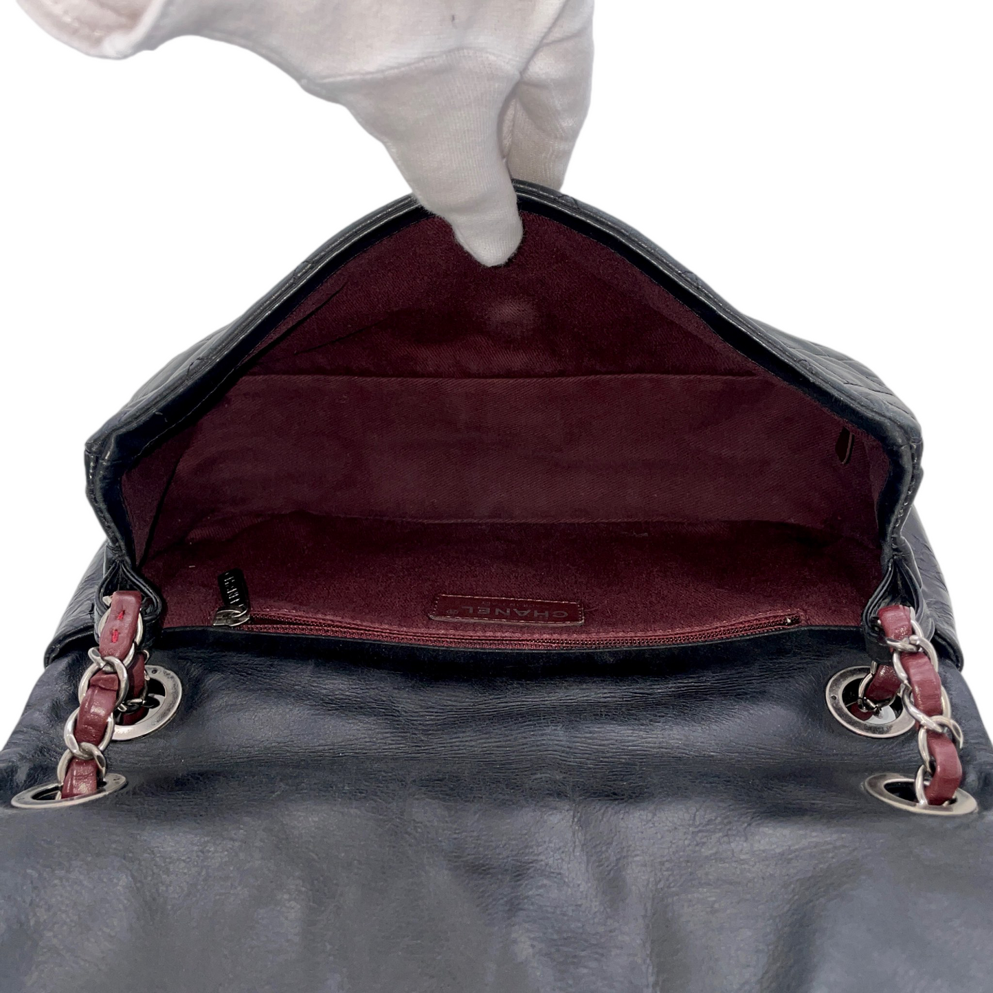 RARE☆☆☆CHANEL 2010 Matelassé Iridescent Calfskin Double Chains Single Flap Shoulder Bag Black & Silver