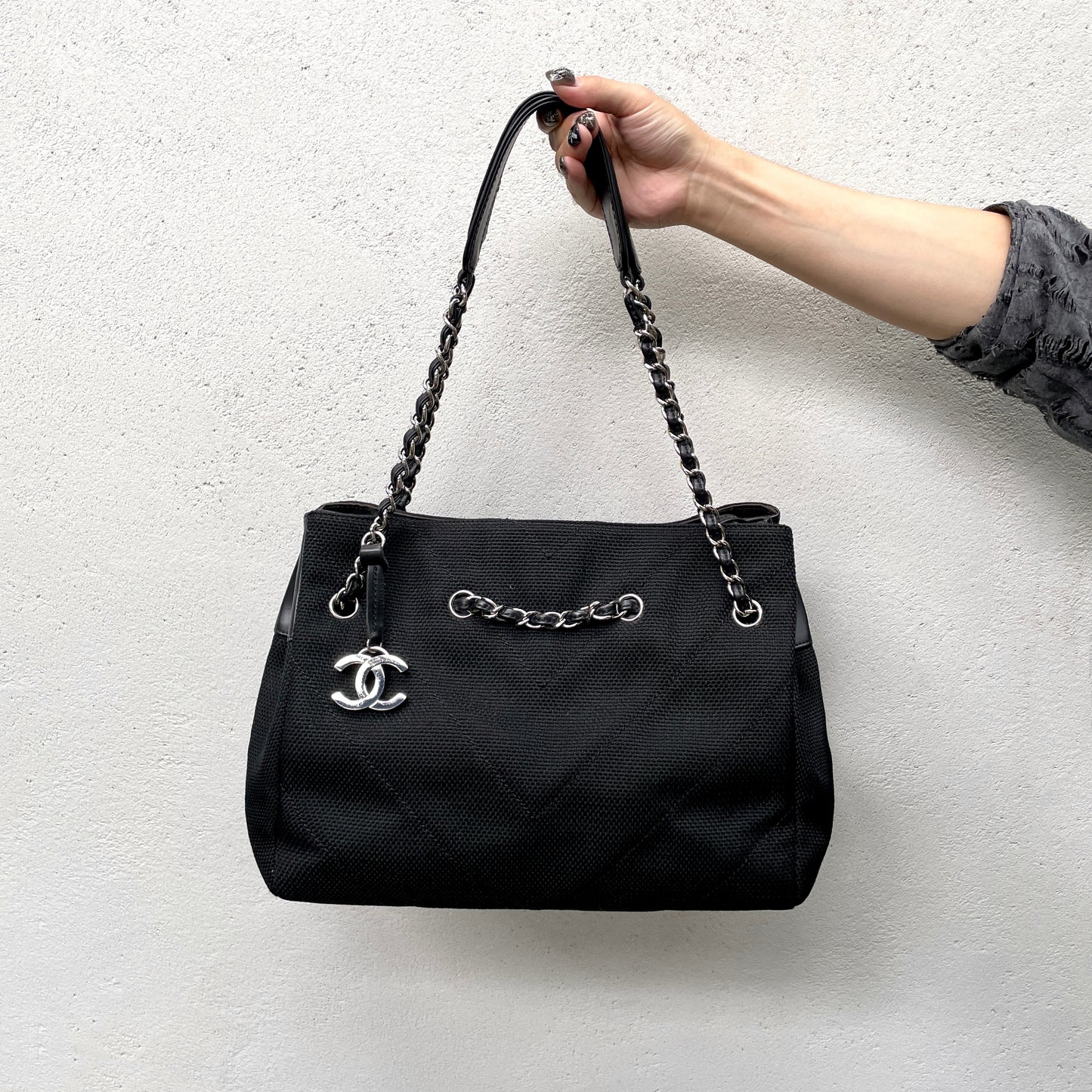 CHANEL V-stitch Coco Mark Canvas Chain Tote Bag