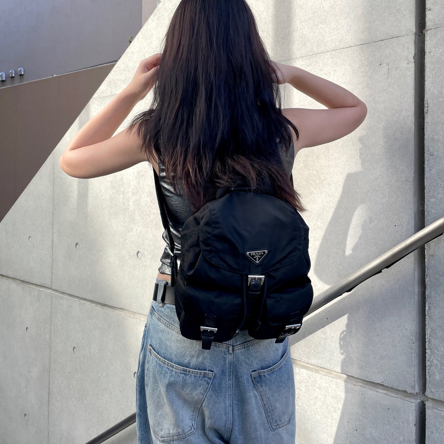 PRADA Triangle Logo Pockets Nylon Backpack PM Black &amp; Silver