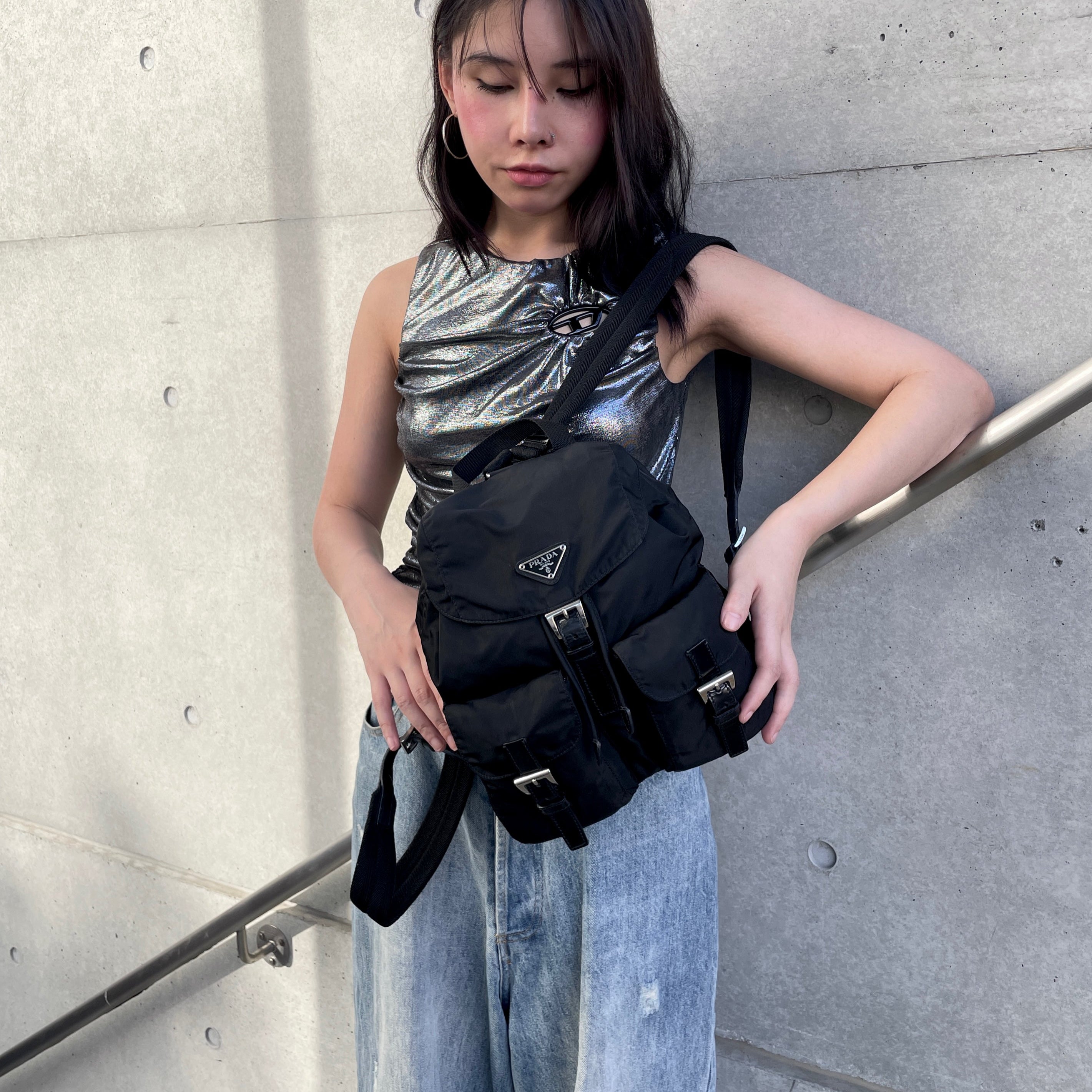 ⌘*⌘様 PRADA ブラック バックパック PRADA Triangle Logo Pockets Nylon Backpack PM Black & Silver