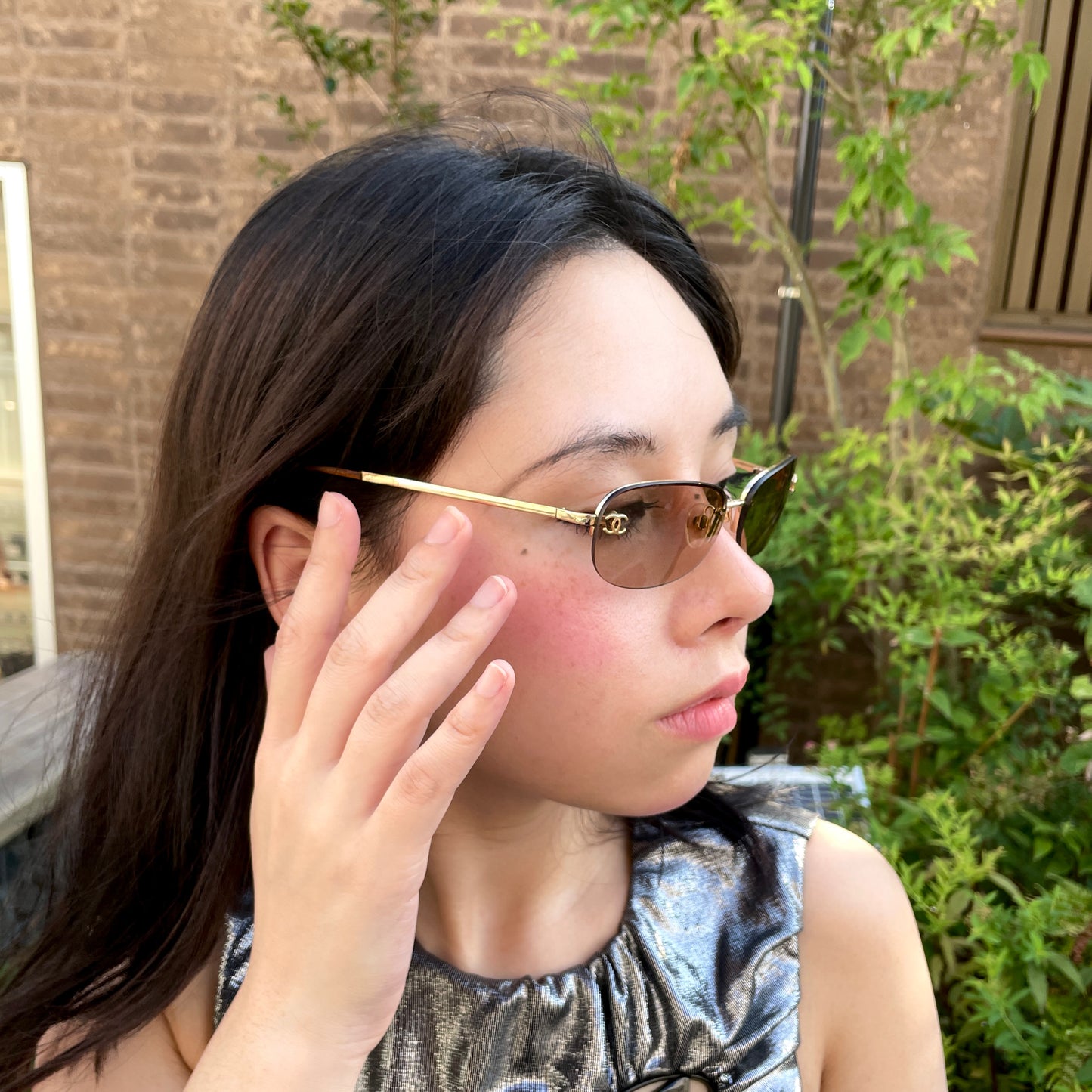 RARE☆☆☆Auth CHANEL Y2K CC LOGOS 4099 Rectangular Rimless Sunglasses Brown &amp; Gold