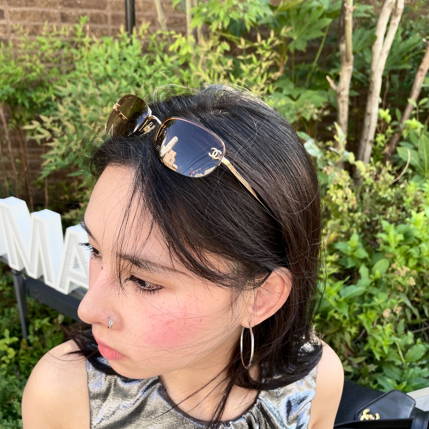 RARE☆☆☆Auth CHANEL Y2K CC LOGOS 4099 Rectangular Rimless Sunglasses Brown &amp; Gold