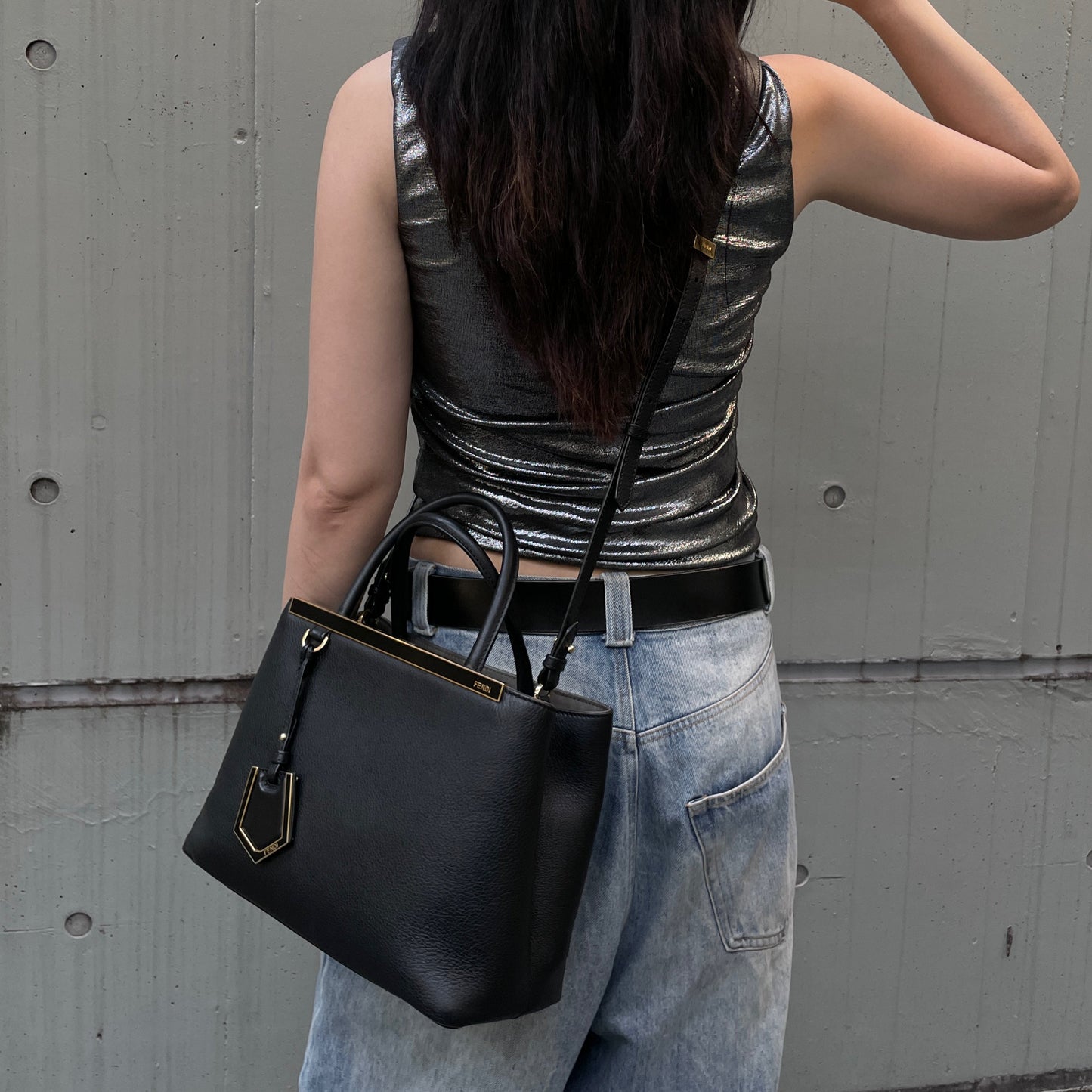 FENDI Petit 2Jours Leather 2Way Tote Hand Bag Black &amp; Gold