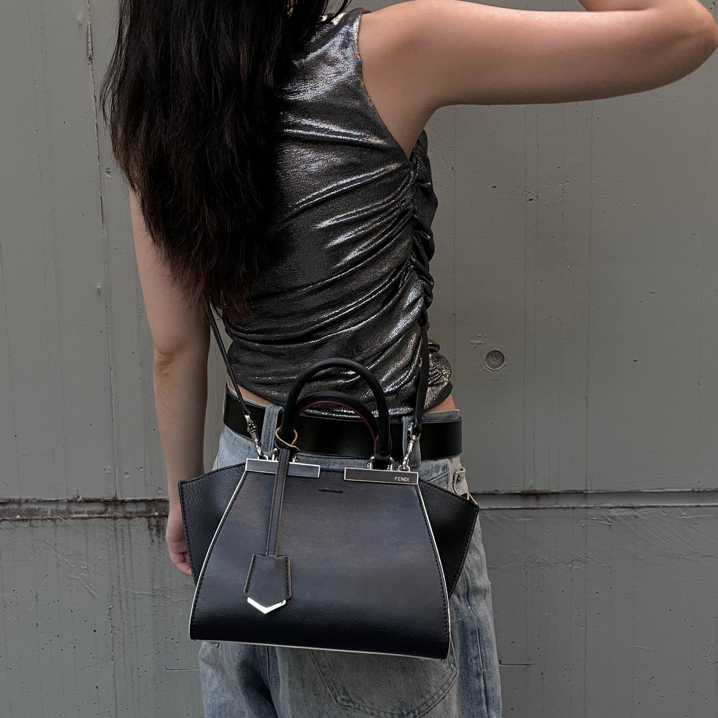 FENDI Petit 3 Jours Leather 2Way Tote Hand Bag Black &amp; Silver