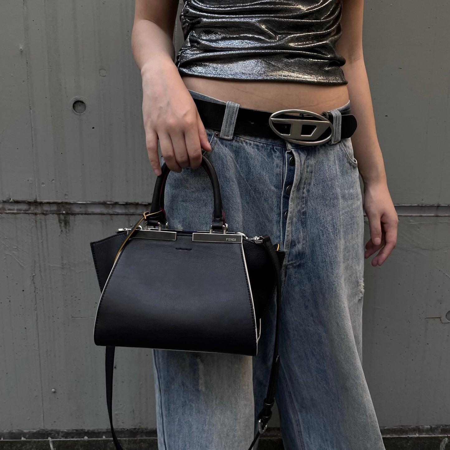 FENDI Petit 3 Jours Leather 2Way Tote Hand Bag Black &amp; Silver