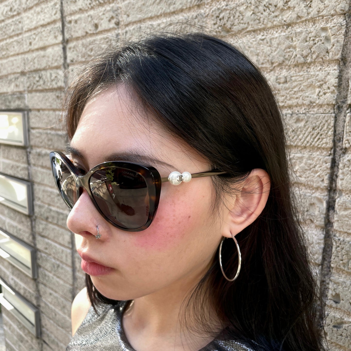 CHANEL CC LOGOS Pearl-Embellished Cat-Eye Sunglasses Brown &amp; Gold