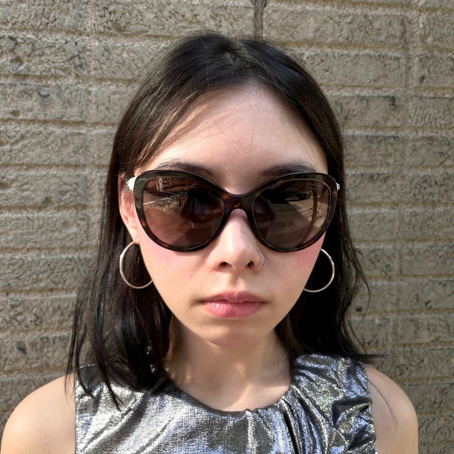 CHANEL CC LOGOS Pearl-Embellished Cat-Eye Sunglasses Brown &amp; Gold